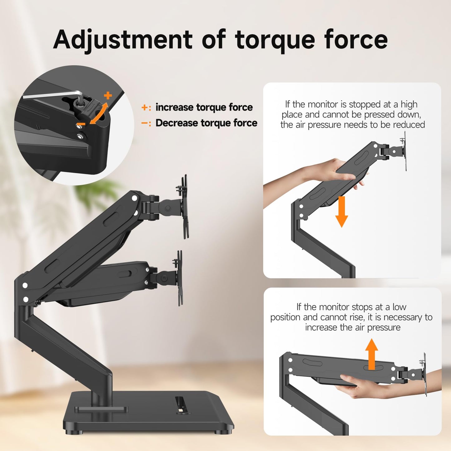 Pholiten Adjustable Dual Monitor Arms with Gas Spring for 17-32 inch Screens,Pneumatic Dual VESA Monitor Mount with Base,Freestanding Full Motion Dual Monitor Desk Stand Holds up to 22 lbs Each. ﻿