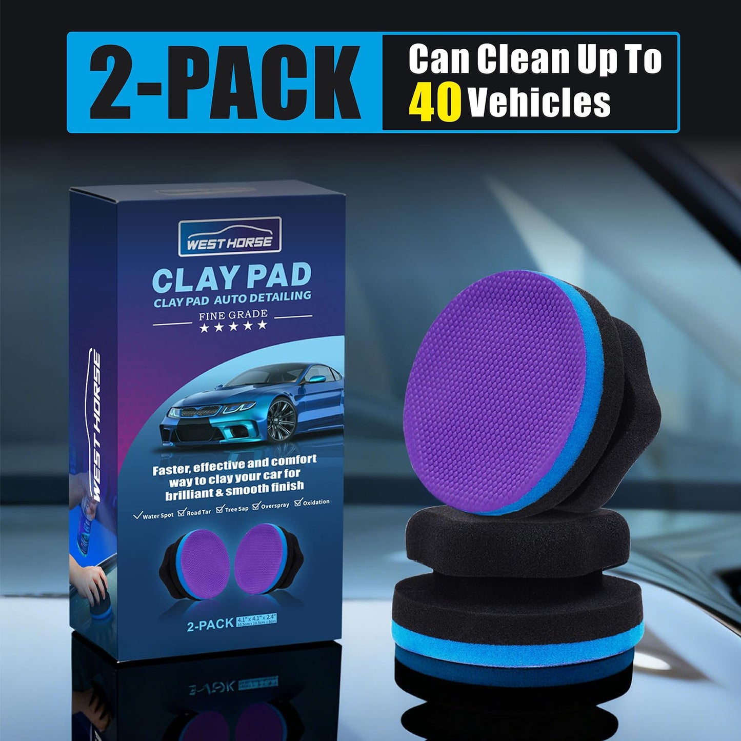 WEST HORSE Synthetic Clay, 2-Pack Hand Clay Bar Pad for Car Auto Detailing, Cleansing, Paint Surface Prep Tool for Waxing & Polishing (Blue Purple)