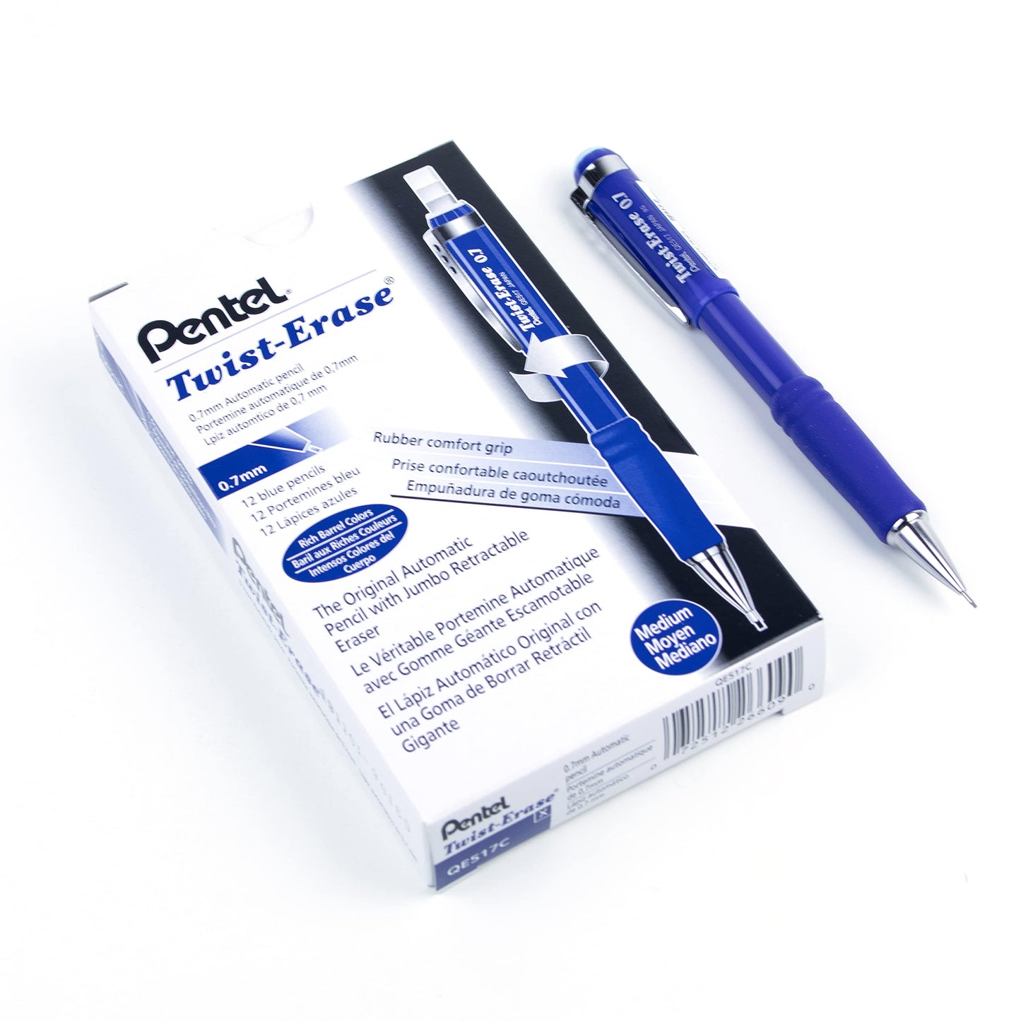 Pentel Twist-Erase III Mechanical Pencil, Writing, Drawing, School Supplies, Large Retractable Eraser, 0.7mm Medium Point, Blue Barrel, QE517-C, Box of 12