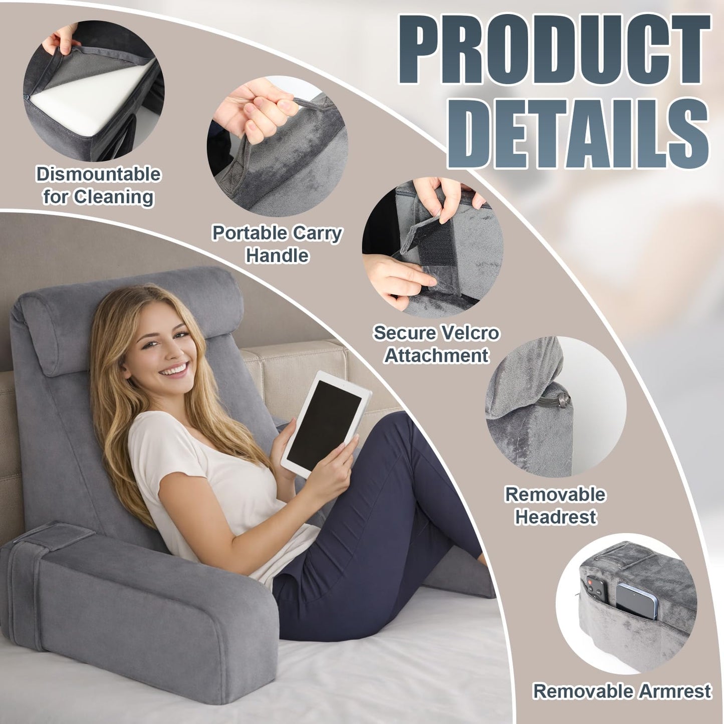 19" Reading Pillow for Bed Adult, Backrest Support Pillow for Bed, Sofa, Floor, Comfortable Back and Neck Support with Side Pocket, Removable & Washable, Ideal for Reading, Watching TV & Laptop Use