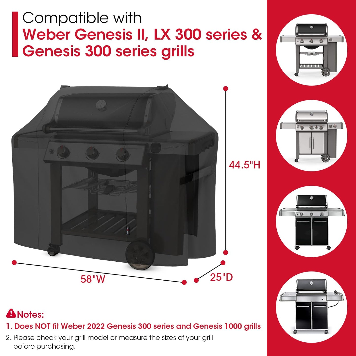 Unicook 58 Inch BBQ Grill Cover, Heavy Duty Waterproof Barbecue Cover, Fade and UV Resistant, Compatible with Weber Genesis II LX 300 Series, Genesis 300 Series Gas Grills, and More