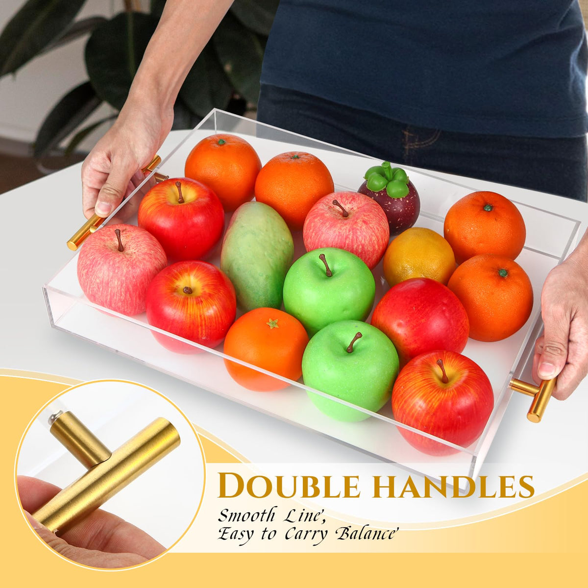 Vevitts 3 Pack Clear Sturdy Acrylic Serving Tray with Handles Decorative Trays Countertop Organizer for Coffee Table Nightstand, Sidetable, Breakfast, Tea, Food(15.4*11.6*2 13.8*10.8*2 10*10*2 inch)