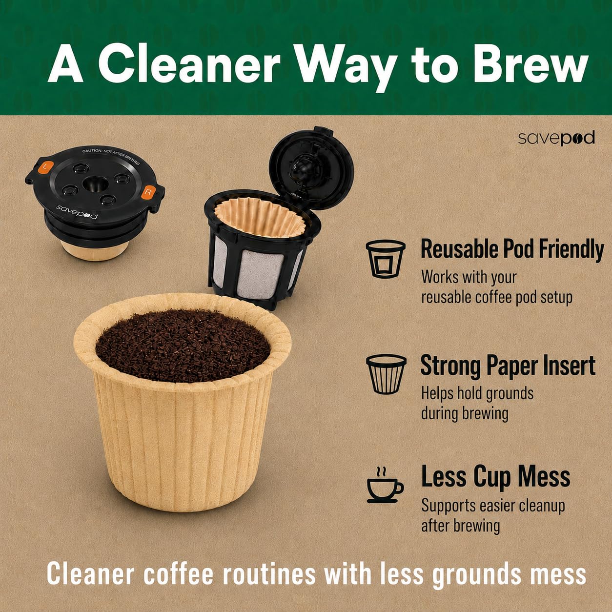Savepod Disposable Unbleached Coffee Filters - 300 Count - Made Exclusively for Savepod - Compatible with K-Cup Brewers - Reusable K-Cup Coffee Filters - Single Serve Use