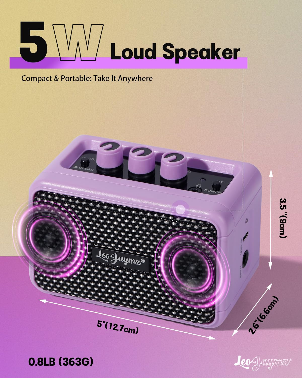 Leo Jaymz Mini Guitar Amplifier - 5W Dual Speaker BT Wireless Guitar Amp， Rechargeable Battery, Clean/Overdrive Modes, Headphone Jack,Ideal for Practice & Performance (Purple)
