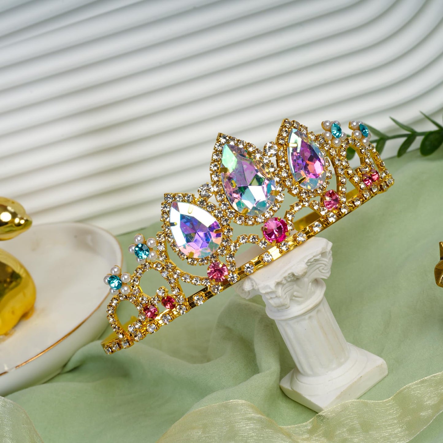 Rapunzel Tiara Princess Crown and Necklace Tangled Inspired girls Halloween Costume Aurora Borealis Stone Sparkle Gold Crown Sweet Gift for Girls Birthday