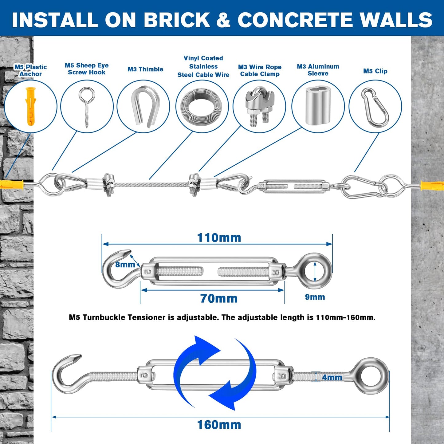220FT 1/8" Wire Rope Kit - 304 Stainless Steel Cable with Turnbuckles for Cables Wire, Vinyl Coated Hanging Wire for Outdoor String Lights, Camping, Garden Trellis, Hanging Clothes, Pictures, Curtain