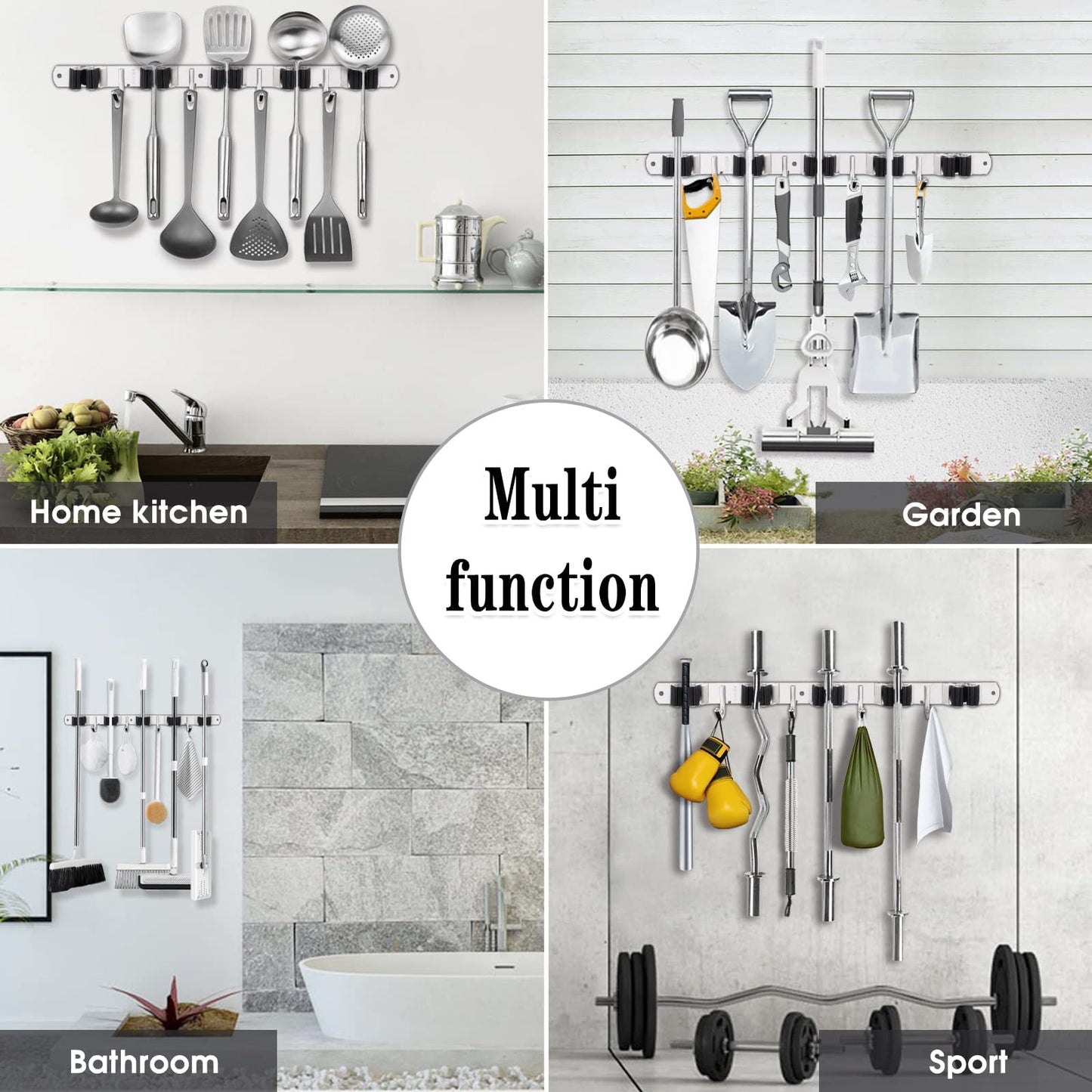 2 Pack Mop and Broom Holder Wall Mount, 5 Racks and 4 Hooks Broom Organizer Storage Tool Racks Stainless Steel Heavy Duty Hooks Self Adhesive Solid Non-slip for Home Kitchen Garden Laundry Garage