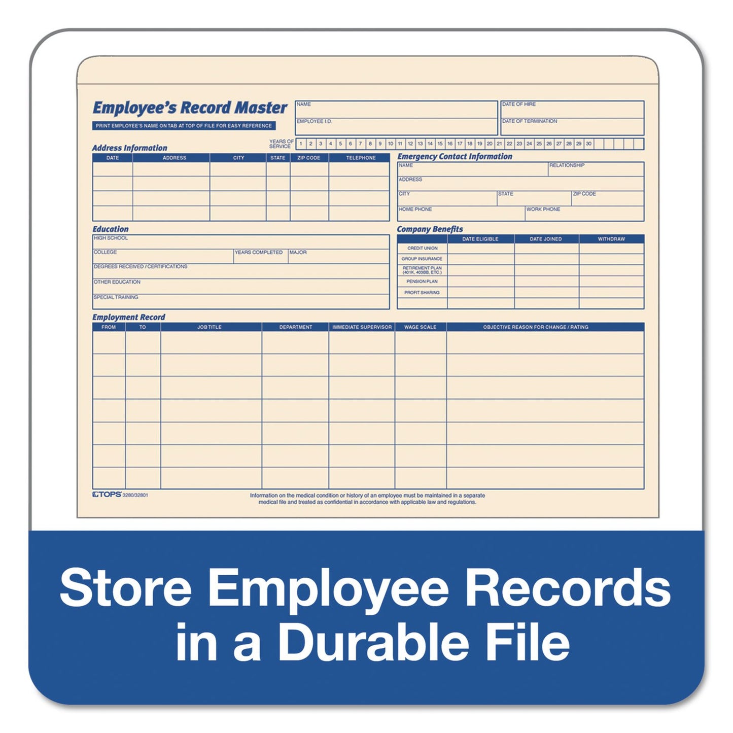 TOPS 3280 TOPS Employee Record Master File Jackets, 9-1/2 x 11-3/4, 10 Pt. Manila, 20/Pk