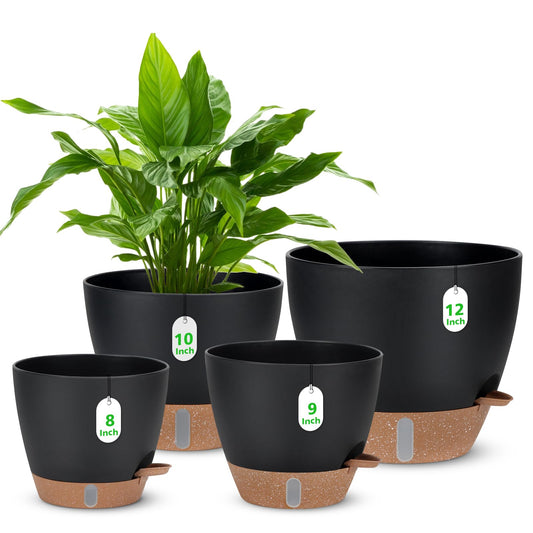 12" 10" 9" 8" Self Watering Pots with Water Level Indicator, Large Plastic Planters Set with Mesh Drainage Hole and Removable Saucer Reservoir, Big Flower Pot for Indoor Outdoor Plants - Black