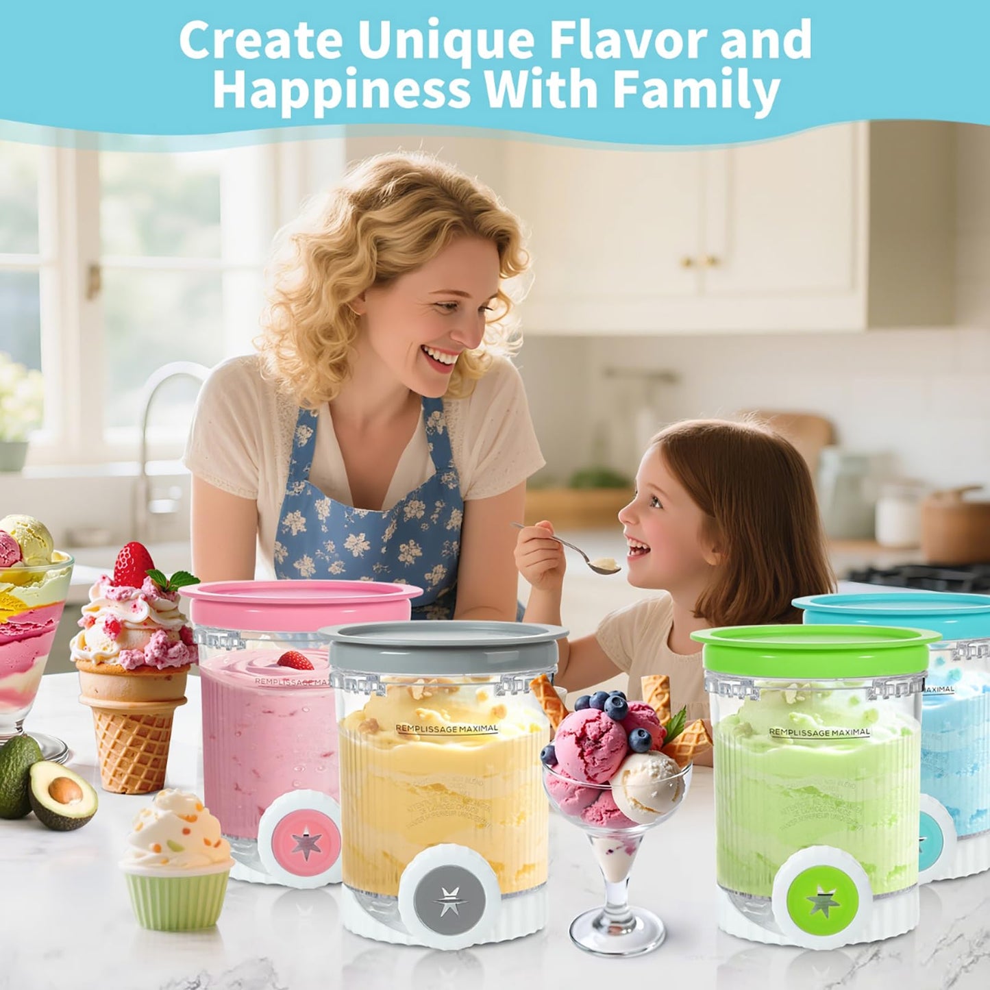 4 Pack Pint Containers Replacement for Ninja Swirl by Creami Pints and Lids, Compatible with Ninja Creami Swirl Ice Cream & Soft Serve Makers NC700 NC701 Series (Color Lids)