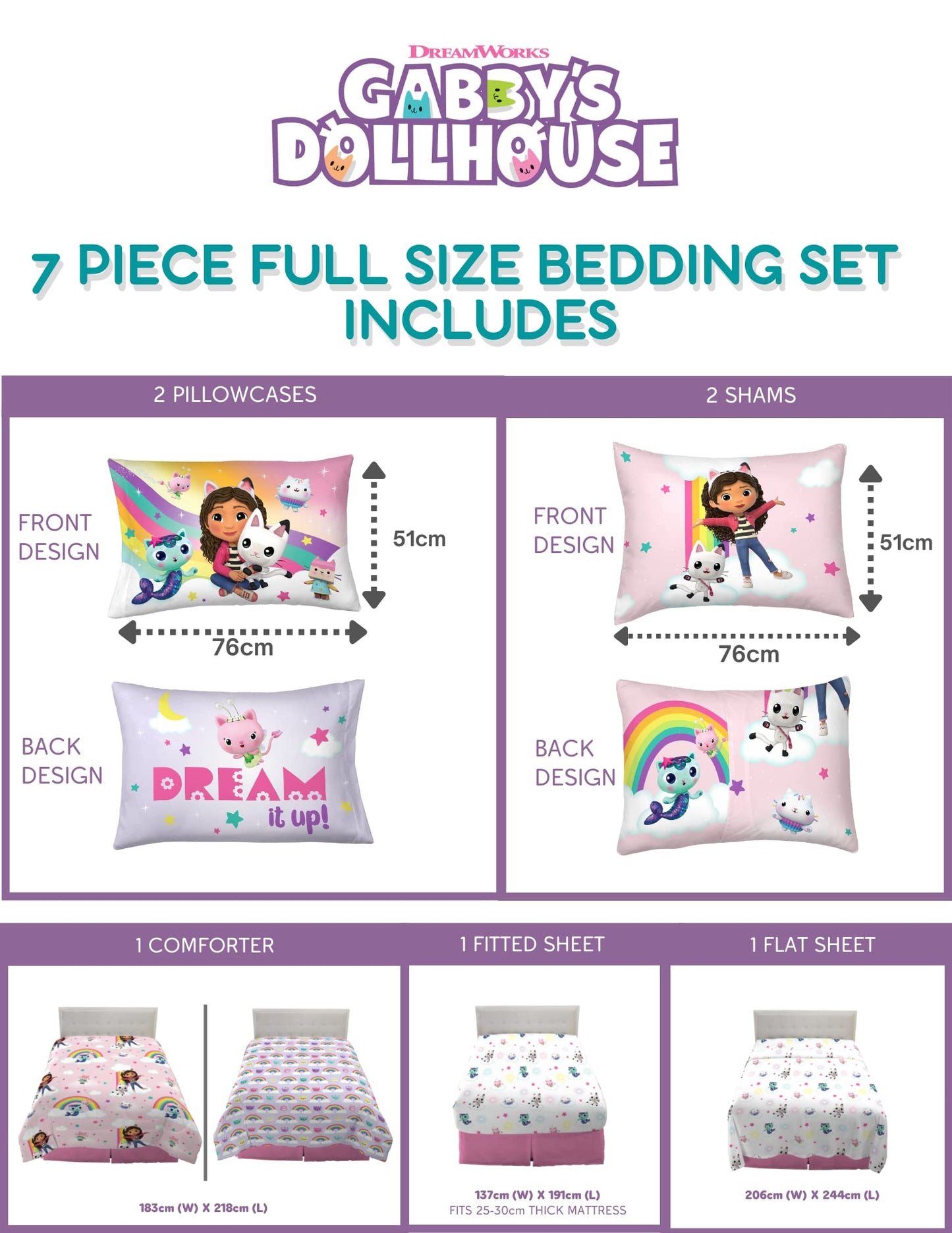 Gabby's Dollhouse Kids Bedding Super Soft Comforter and Sheet Set with Sham, 7 Piece Full Size, (Official) DreamWorks Product by Franco