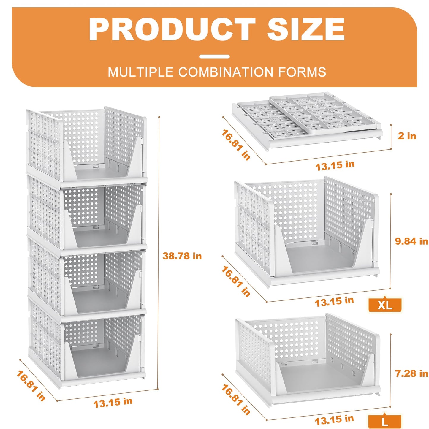 Stackable Plastic Storage Basket , Foldable Closet Organizers and Storage Bins, Drawer Organizer for Clothes, Storage Box for Wardrobe Kitchen Bathroom Office Dorm - 4 Pack XL