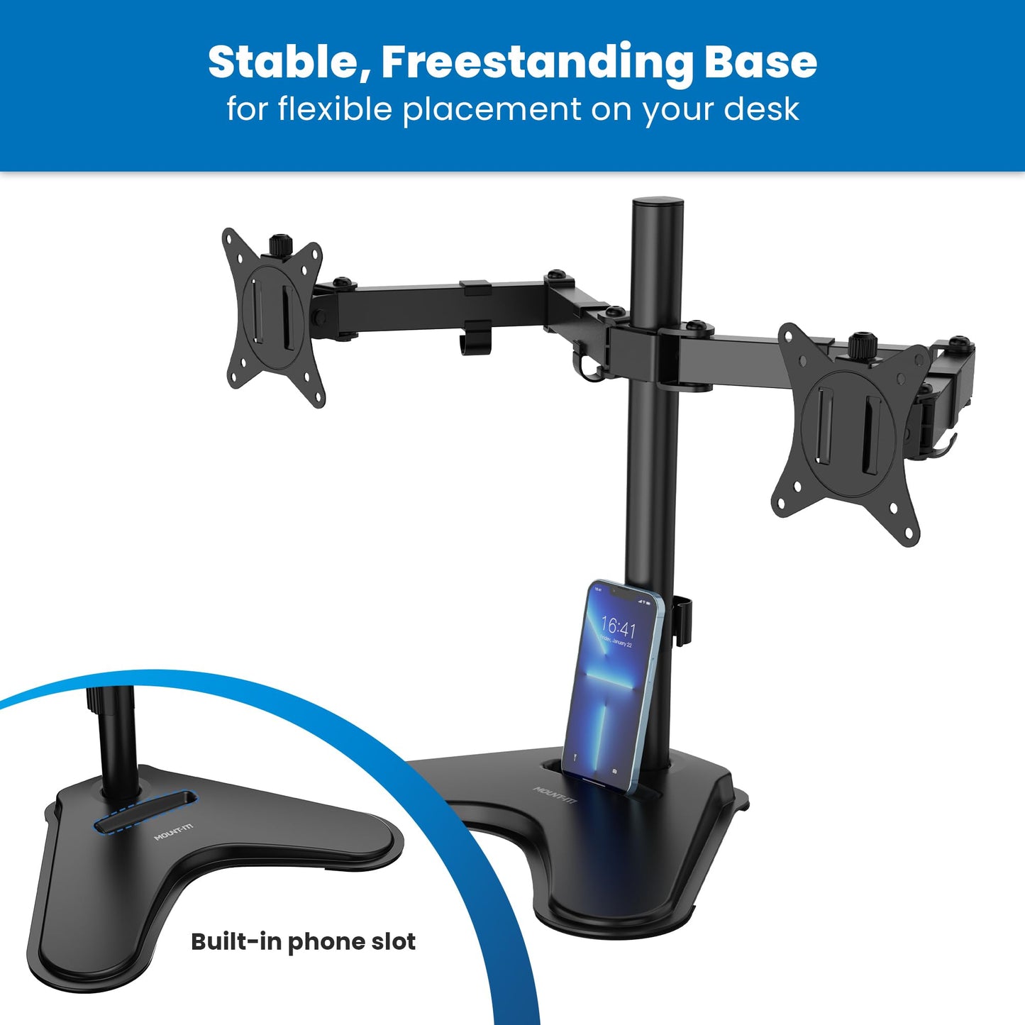 Mount-It! Dual Monitor Stand for Desk, Free Standing Monitor Mount for 2 Screens up to 32”, Height Adjustable with Tilt, Swivel & Rotation, VESA 75x75 & 100x100