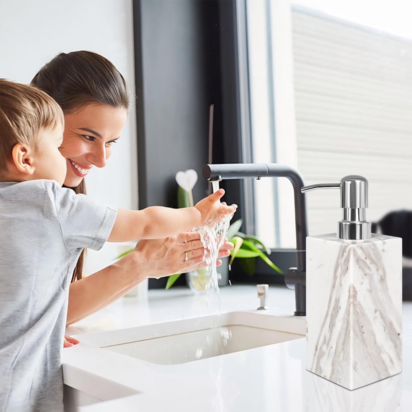 Amaauto White Marble Soap Dispenser for Bathroom and Kitchen Countertop - Lotion and Liquid Soap Dispenser, 6.7 Ounces Soap Bottle with Pump