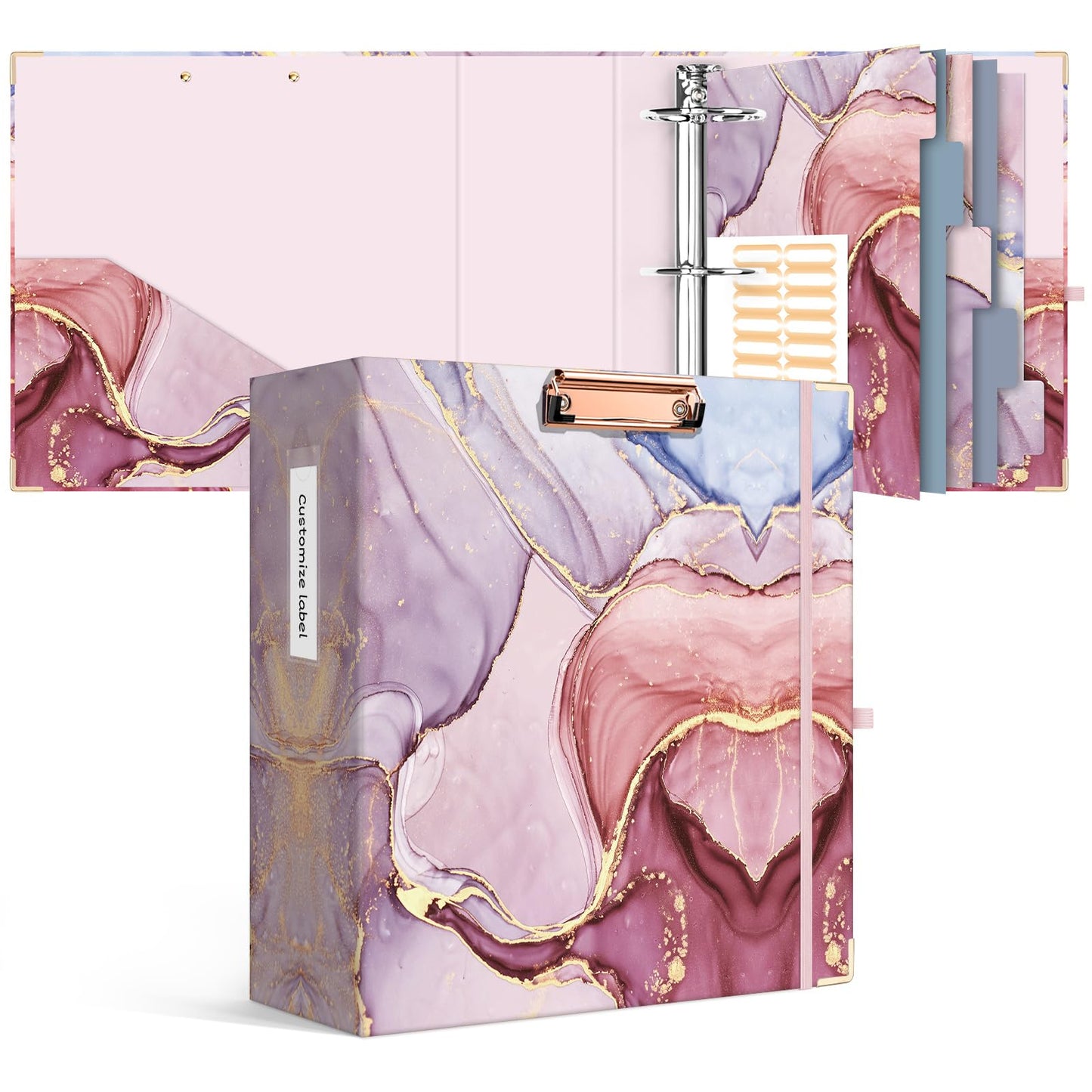 Ospelelf 3 Ring Binder 3 Inch, Cute Binder for Letter Size (11" x 8.5") with 5 Tab Dividers, File Folder Labels and Low Profile Clipboards, Pink Marble Binder for School Supplies and Office Supplies