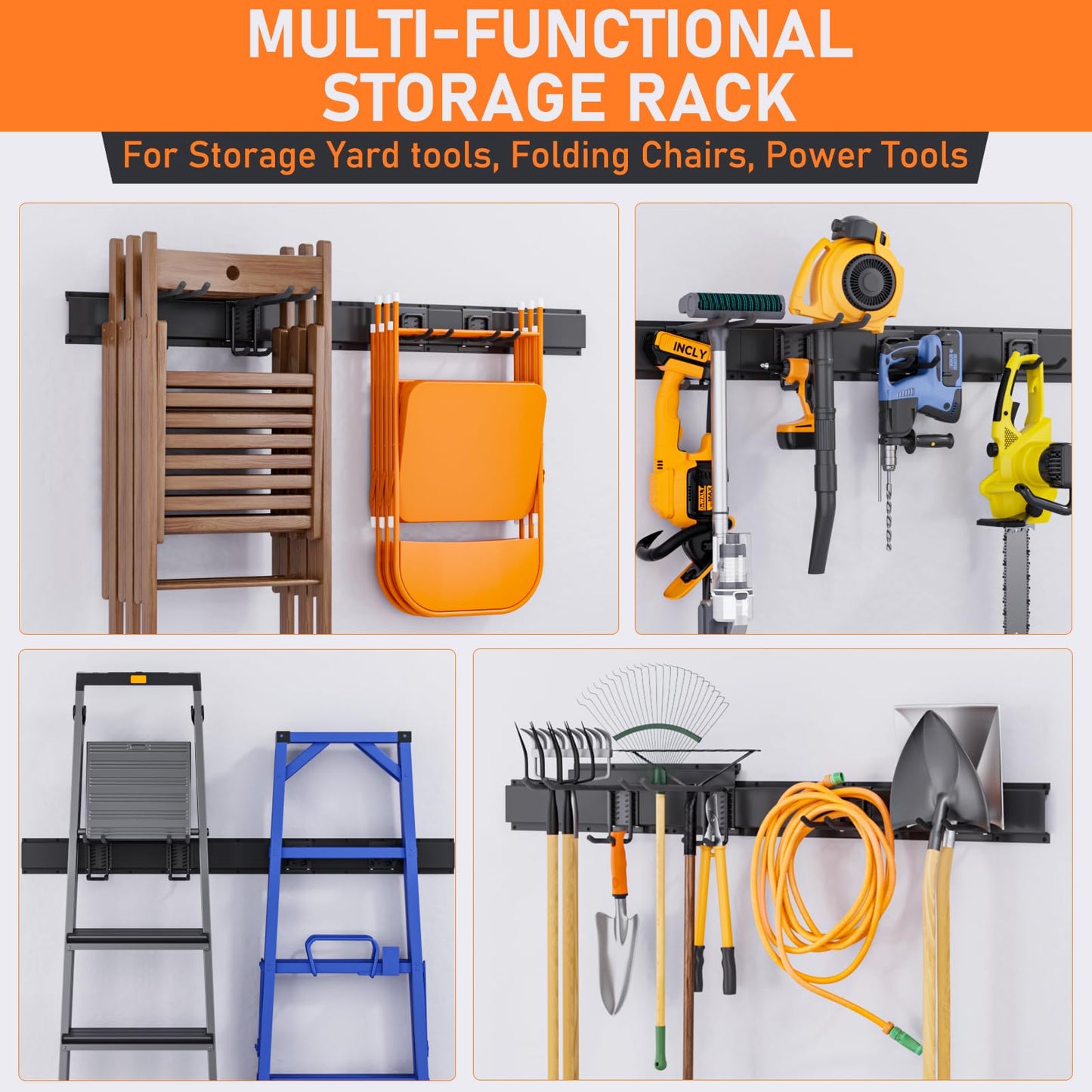 INCLY Garage Tool Wall Organizer Storage, 48 Inch Heavy Duty Garden Tool Storage Rack Garage Organization with 6 Adjustable Metal hooks, 3 Tracks for Tool Hanging Max Load 390lbs