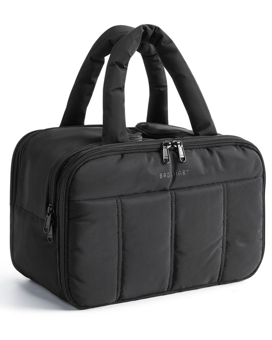 BAGSMART Travel Toiletry Bag, Puffy Large Toiletry Bag for Women, Lightweight Cosmetic Makeup Bag Organizer with Handle for Traveling, Accessories, Essentials, Toiletries, B-Black, Large, Lightweight