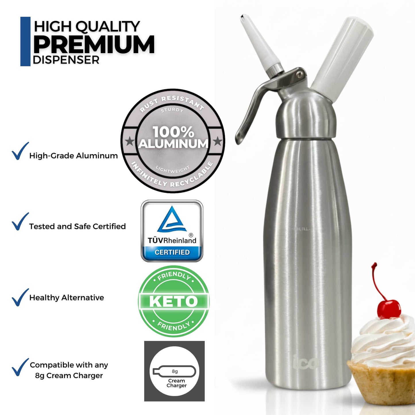 ICO Professional Aluminum Whipped Cream Dispenser with 3 Stainless Steel Nozzles & Cleaning Brush, for Homemade Whipping Cream, Dips, Sauces, and Infusions (1L or 1 quart) Gas chargers not included