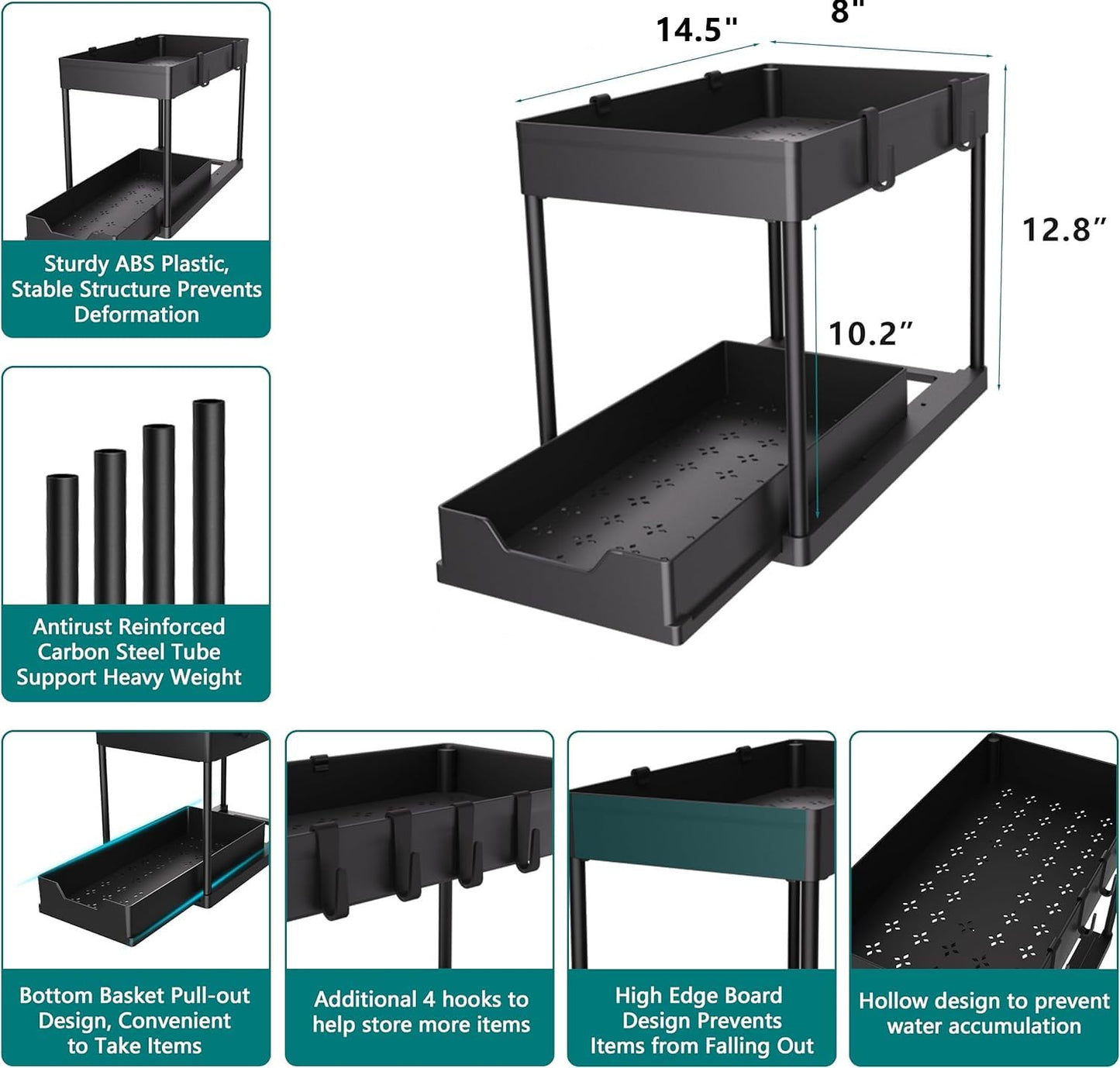 2-PACK Under Sink Organizers and Storage with Sliding Drawer, 2-Tier Bathroom Under Sink Shelf Rack,Multi-Functional Cabinet Storage Space Saver For Kitchen/Bathroom/Bedroom/Office.