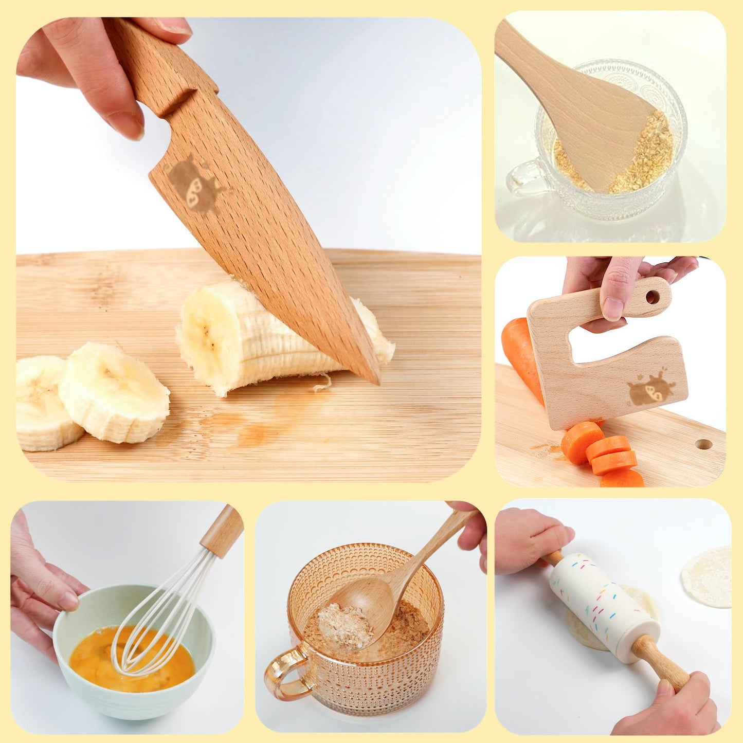 Liberal Brightdeer Wooden Kids Safe Knife and Kids Baking Set for Real Cooking, 8 PCS Toddler Montessori Kitchen Tools, Cooking and Baking for Kids Little Chefs