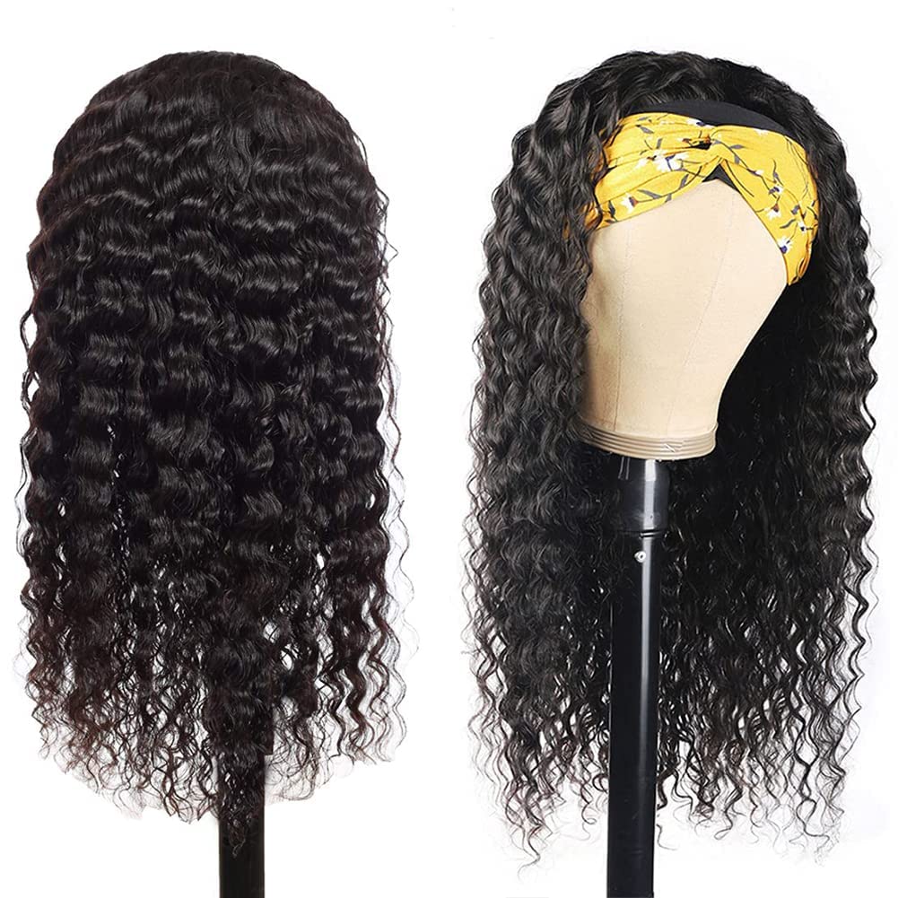 Human Hair Headband Wig 14 Inch Deep Wave Curly Headband Wigs Human Hair Wigs for Women Human Hair Perruque femme cheveux humain naturel Brazilian Real Black Hair Headband Wigs for Black Women