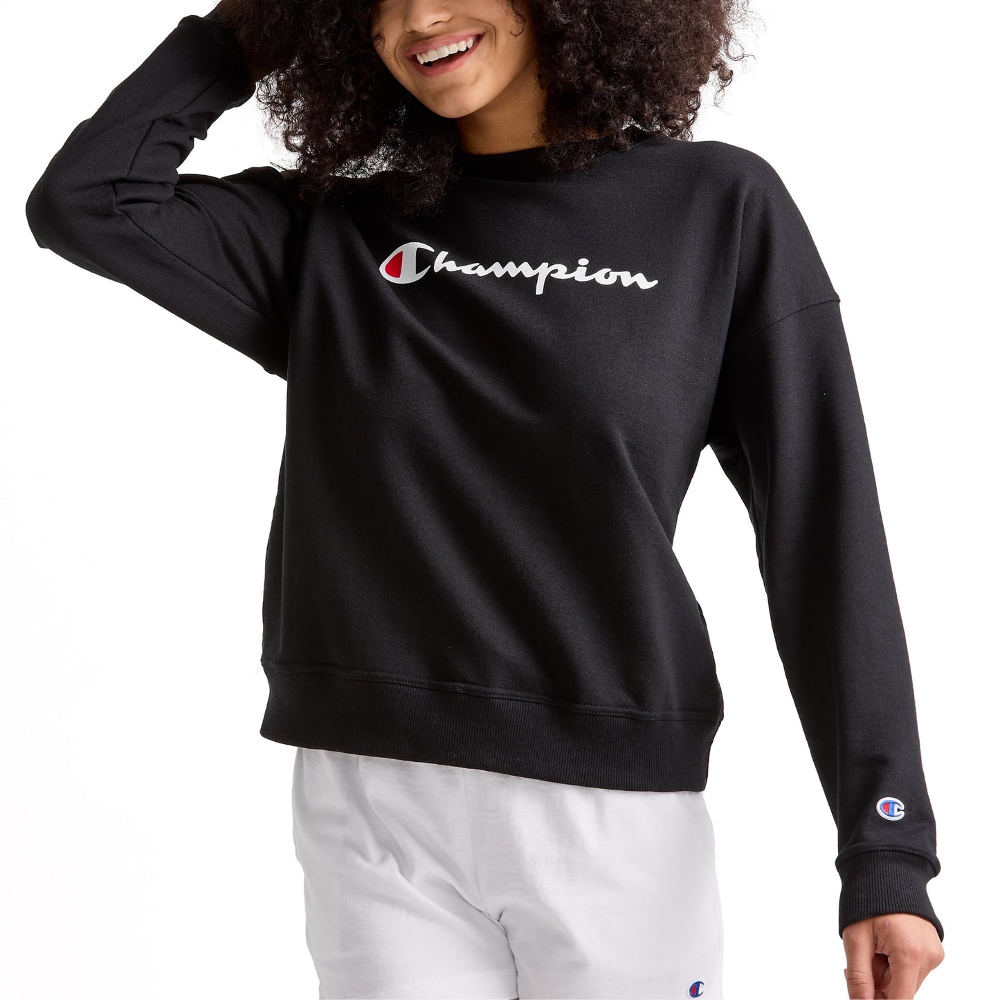Champion Women's Sweatshirt, Powerblend, Crewneck for Women, Script (Plus, Black Script, Medium