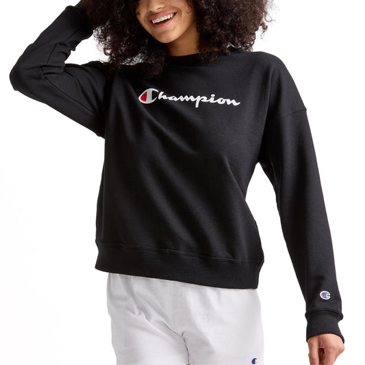Champion Women's Sweatshirt, Powerblend, Crewneck for Women, Script (Plus, Black Script, Medium