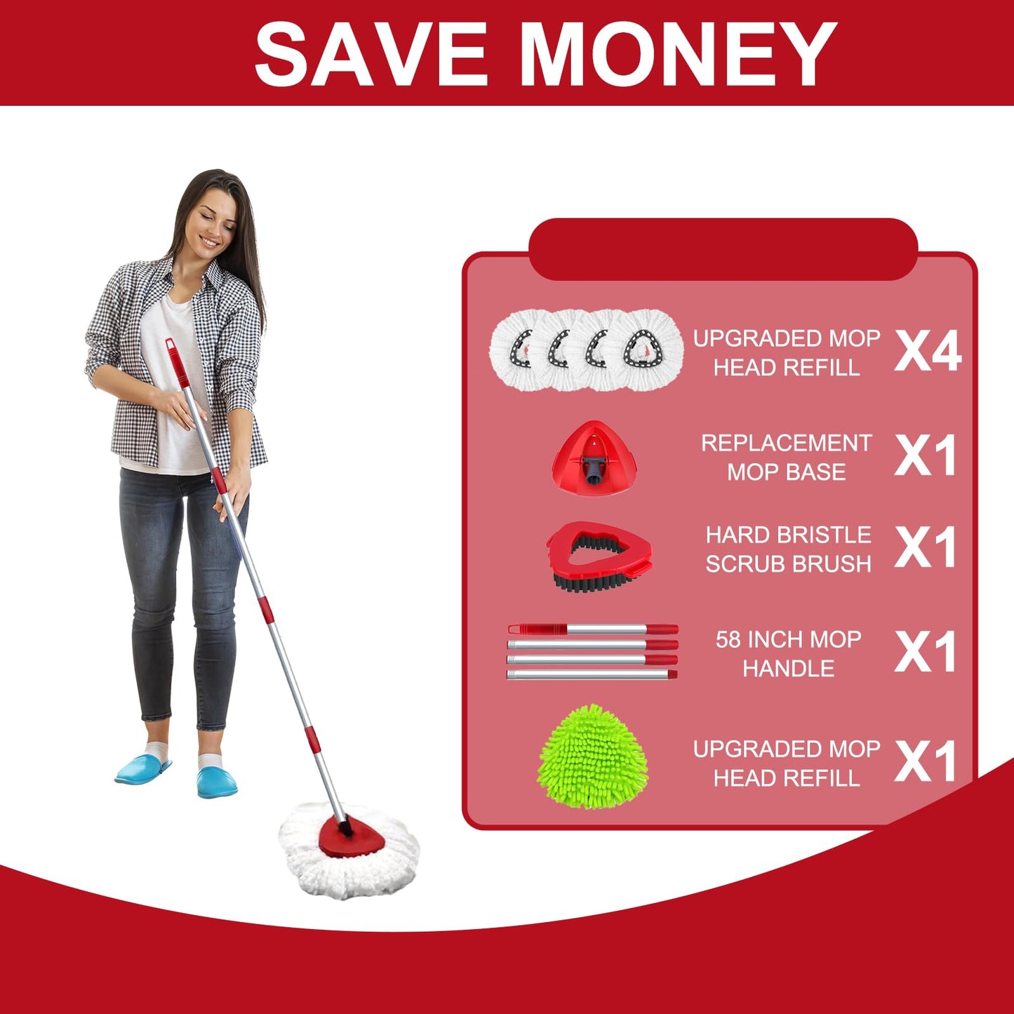4 Spin Mop Replace Head for Vileda EasyWring 1 Tank, 30”-58" Mop Handle,Chenille&Microfiber Head Refills for Multi-Surface Floor Dry/Wet Use,Triangle Floor Base and Scrub Brush Combo Set Replacement