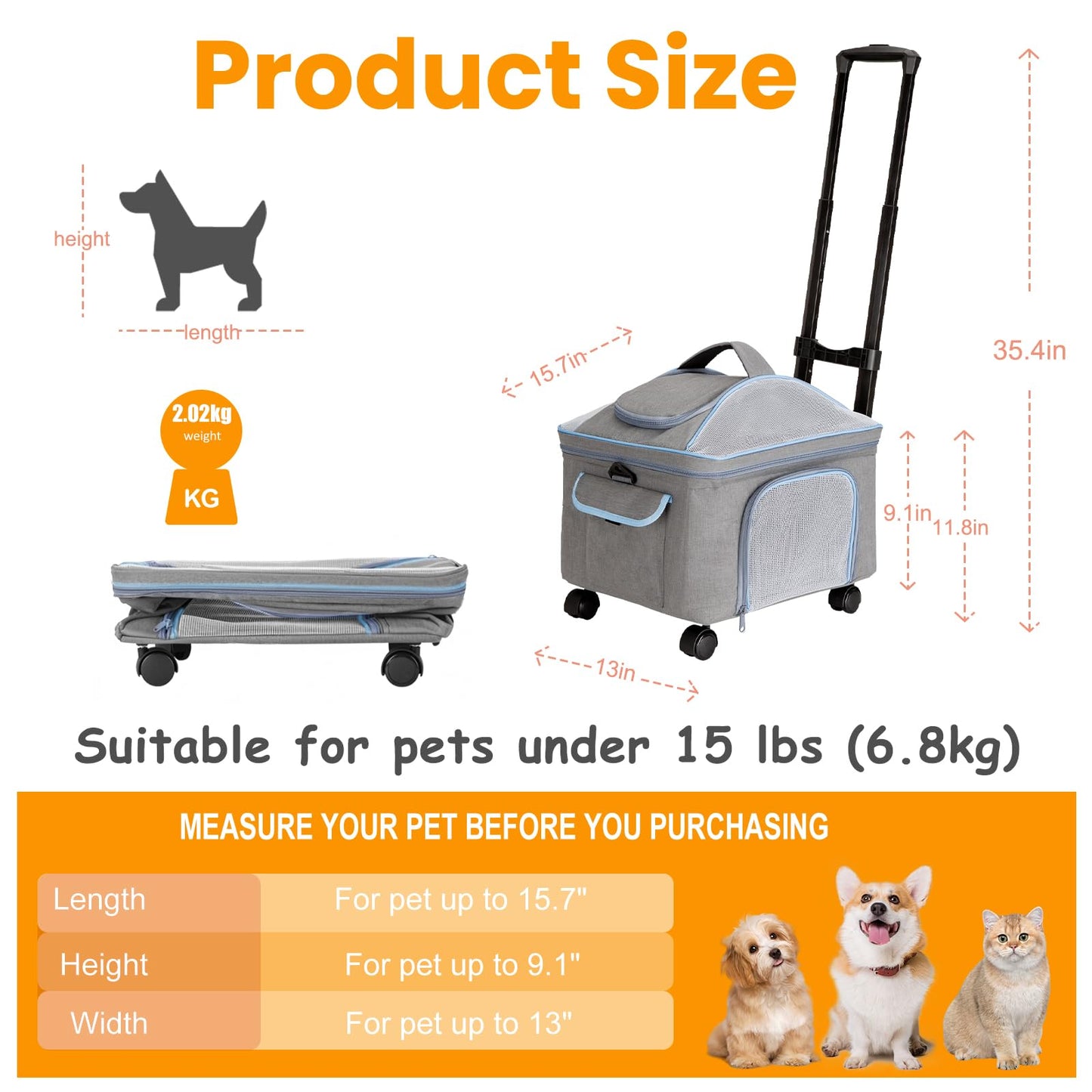 NOVOLAB Pet Carrier for Small Dog Cat, Cat Dog Carrier with Wheels Soft Sided Dog Rolling Crate Cat Travel Bag up to 15 Lbs Pet Strollers for Small Pets