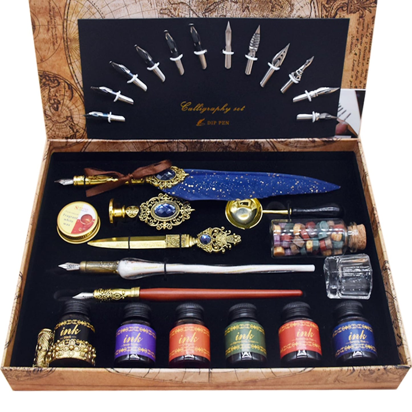 Calligraphy Pens Gift Set - Caligraphy Pen Kits Calligraphy Set For Beginners&professional Include Glass And Wooden Dip Pen, Feather pen,Wax Seal Stamp Kit,Various Sizes Of Nibs