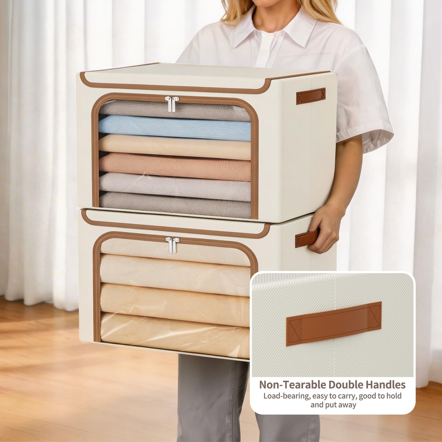Yecaye 3 Pack Clothes Organizer with Metal Frame, 40L Foldable Storage Cabinet for Clothes, Stackable Metal Frame Storage Box with Lid, Linen Fabric Box Organizer with Clear Window, PU Handles,Beige
