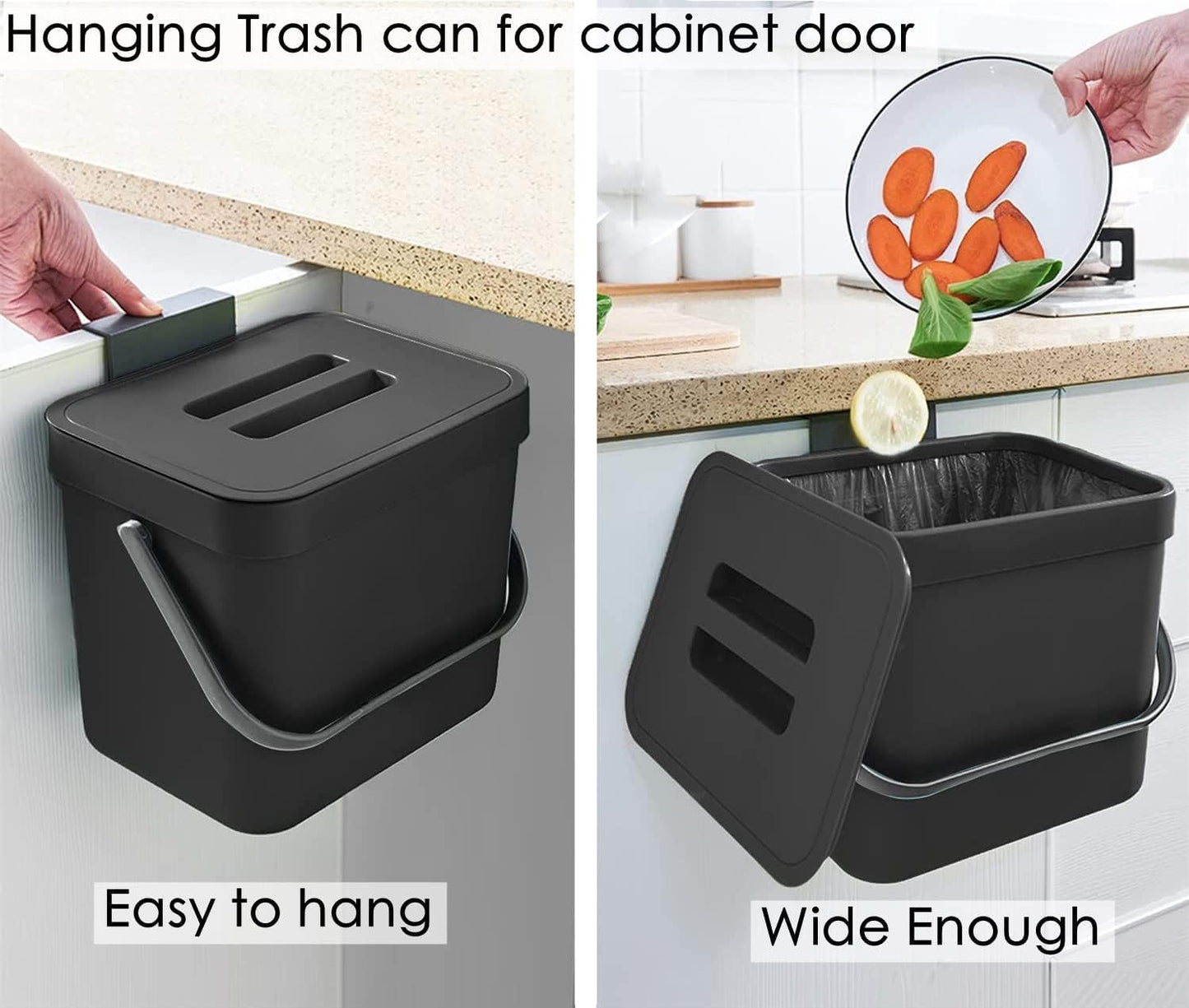 Kitchen Compost Bin with Lid, 1.8 Gallon / 7L Hanging Trash Can Small Portable Garbage Box Compost Bucket for Under Sink, Cabinet Door, Countertop -9.8" x 8.5" x 7.7"- Recycling Bins, Black