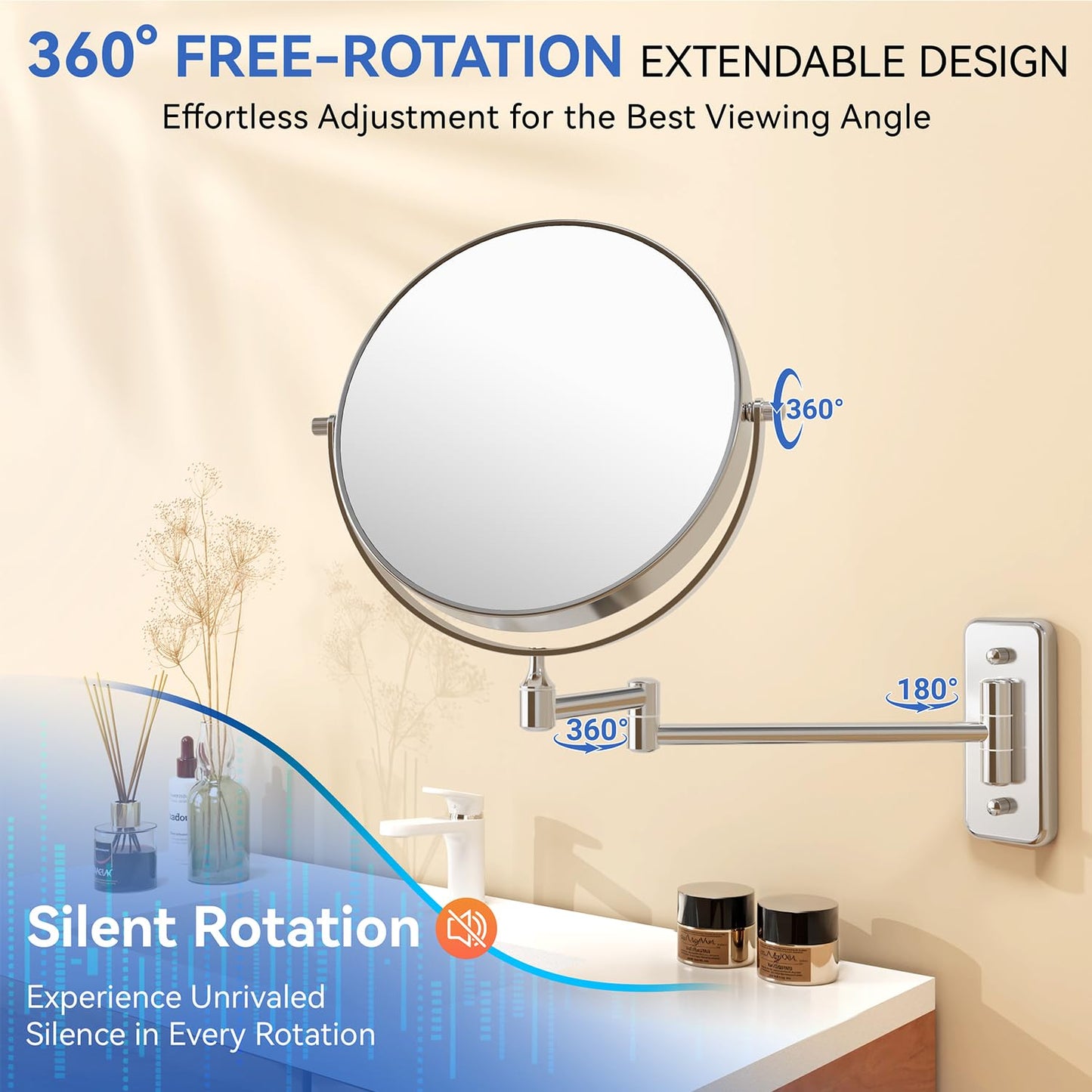 Auxmir 30X/1X Wall Mounted Makeup Mirror, 8" Double-Sided Magnifying Mirror with Tweezers, Bathroom Vanity Makeup Mirror, Cosmetic Mirror with 360° Swivel Extendable Arm, Chrome