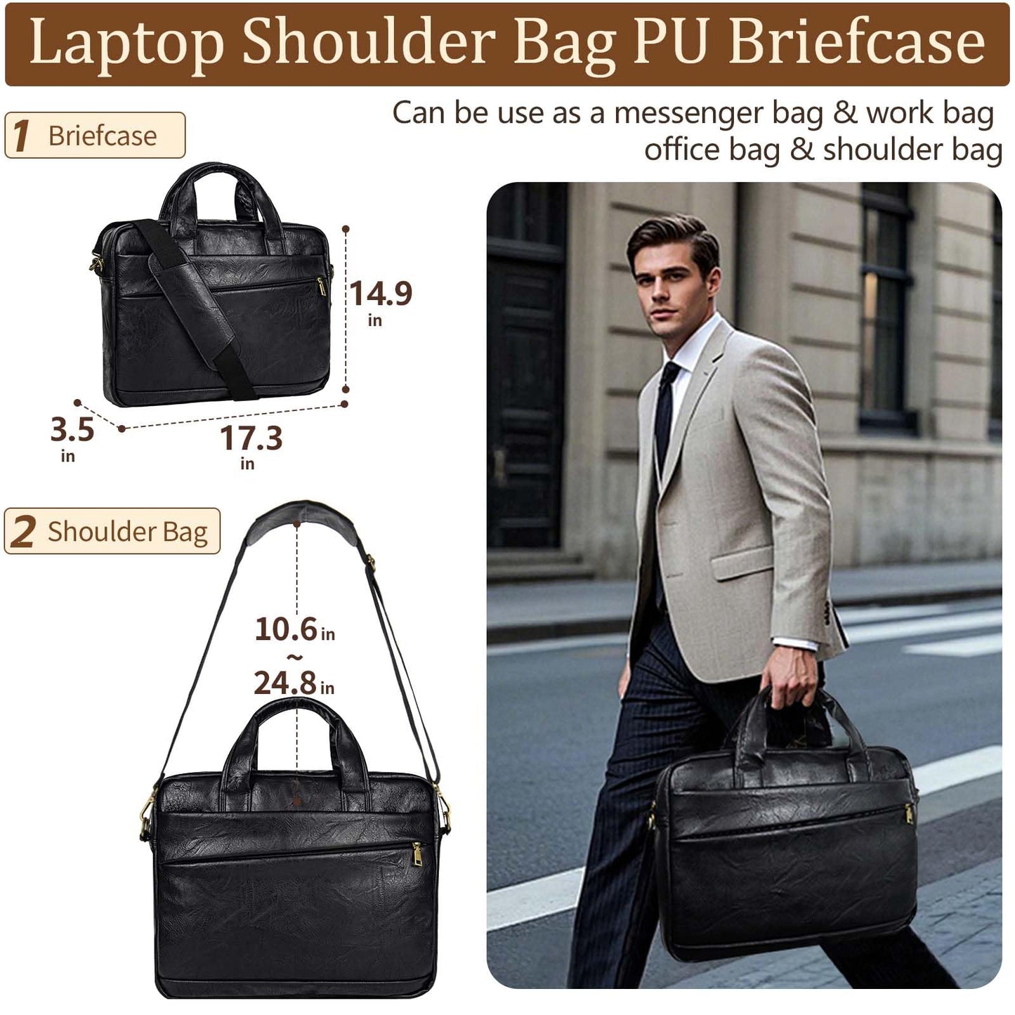 Faux Leather Messenger Bag for Men 17-17.3 Inch: Laptop Bag Briefcase Computer Handbags Shoulder Crossbody Bag with Padded Laptop Sleeve for Work College, PU Black