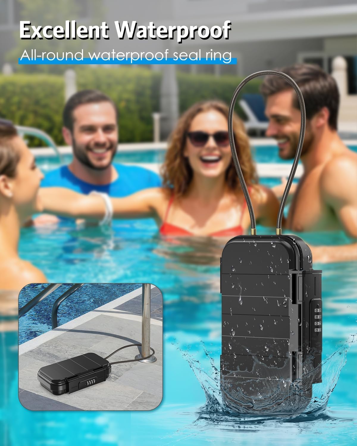 AMIR Travel Safe Portable Lock Box, 4 Digit Combination Lockbox, Cash Box, Waterproof Mini Security Case with Removable Chain, Portable Beach Safe Box for Travel, Beach,Office,Hotel,Cars,Dorms