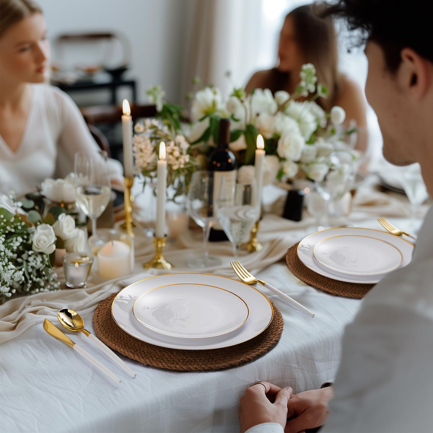 Goodluck 100PCS White Plastic Plates with Gold Rim, White Gold Disposable Plates for Party, Wedding, Include 50 Dinner Plates, 50 Dessert Plates for 50 Guests