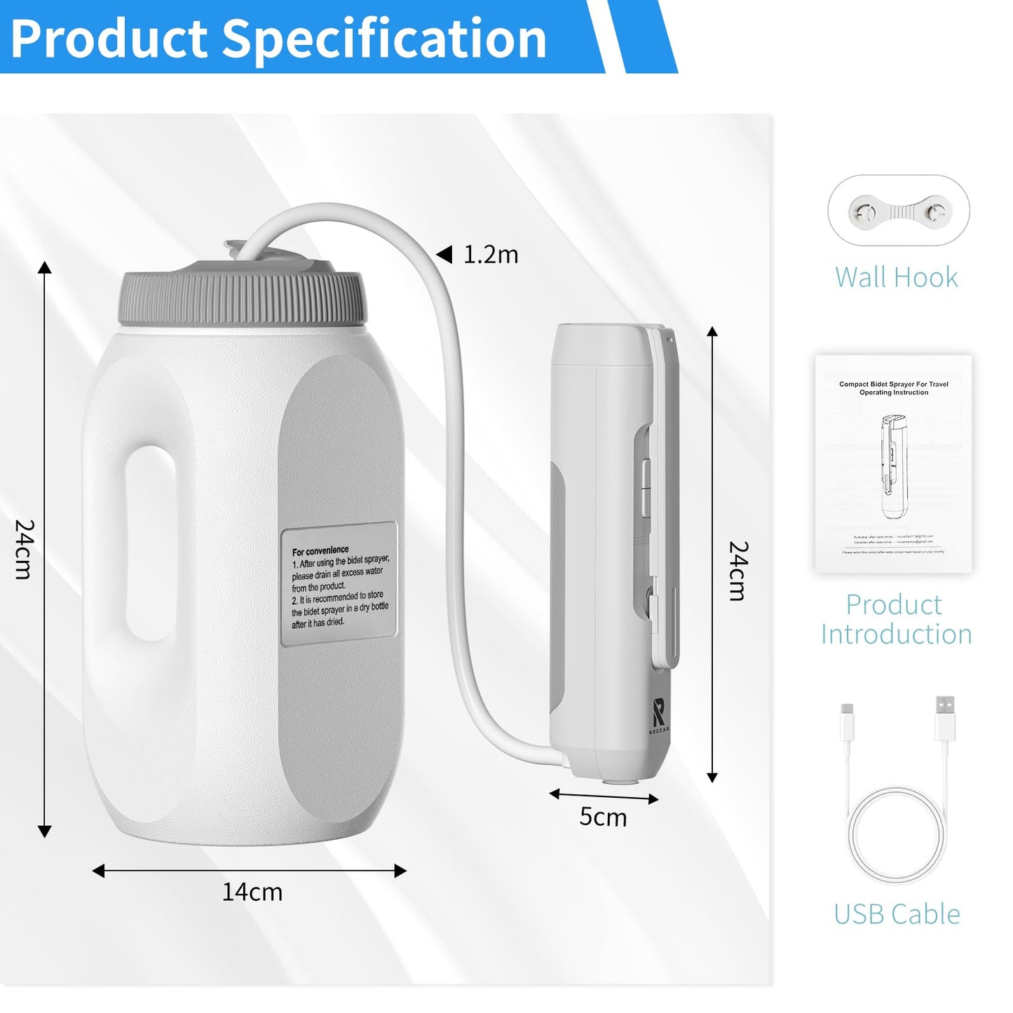 Portable High Pressure Electric Bidet with 2.5L Water Bottle, USB-C Rechargeable Travel Bidet, Waterproof Handheld Sprayer for Personal Hygiene & Baby Care