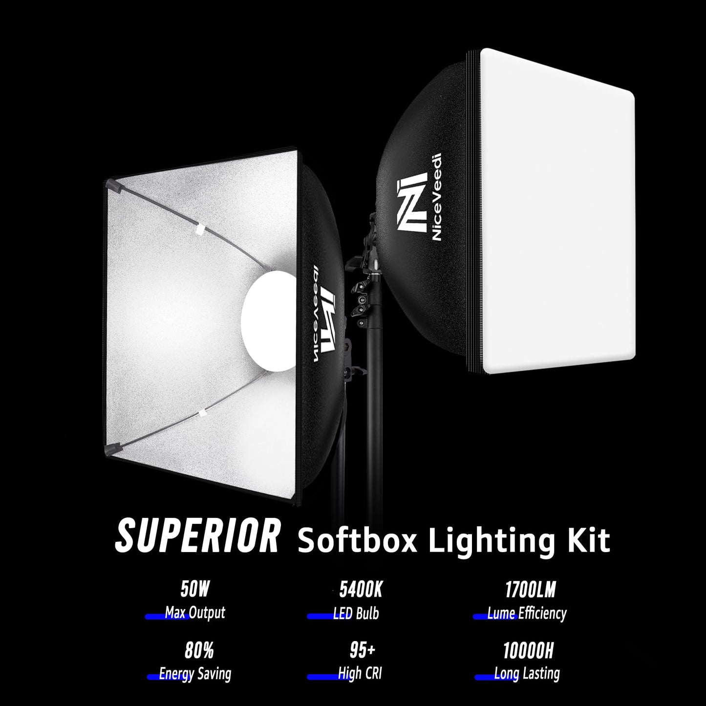 Softbox Lighting Kit, 16'' x 16'' Softbox Photography Lighting Kit with 63” Tripod Stand &50W / 5400K LED Bulb, Continuous Lighting for Photography/Video Recording/Live Streaming