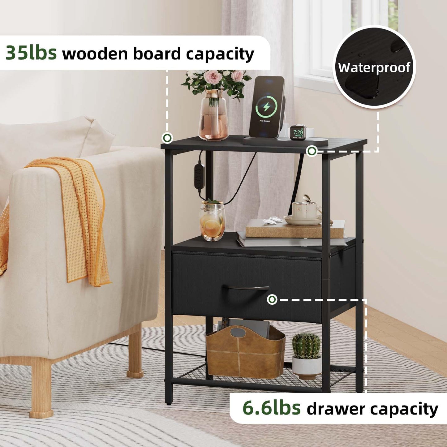 Somdot Nightstands with Charging Station, Bedside Table with LED Light for Bedroom, End Table with Drawer for Bedside, Closet Entryway Hallway, Black