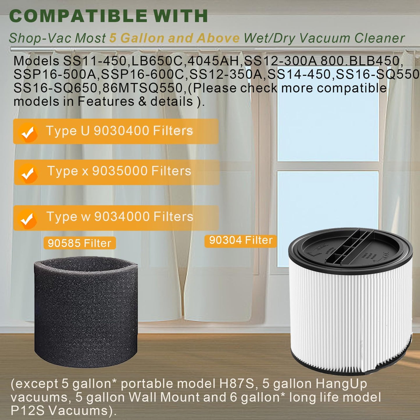 2Pack 90304 Replacement Filter Kit Compatible with Shop Vac Cartridge Filter 90350 90304 90333 90585, Fits Most 5 Gallon and above Wet Dry Vacuum Cleaner