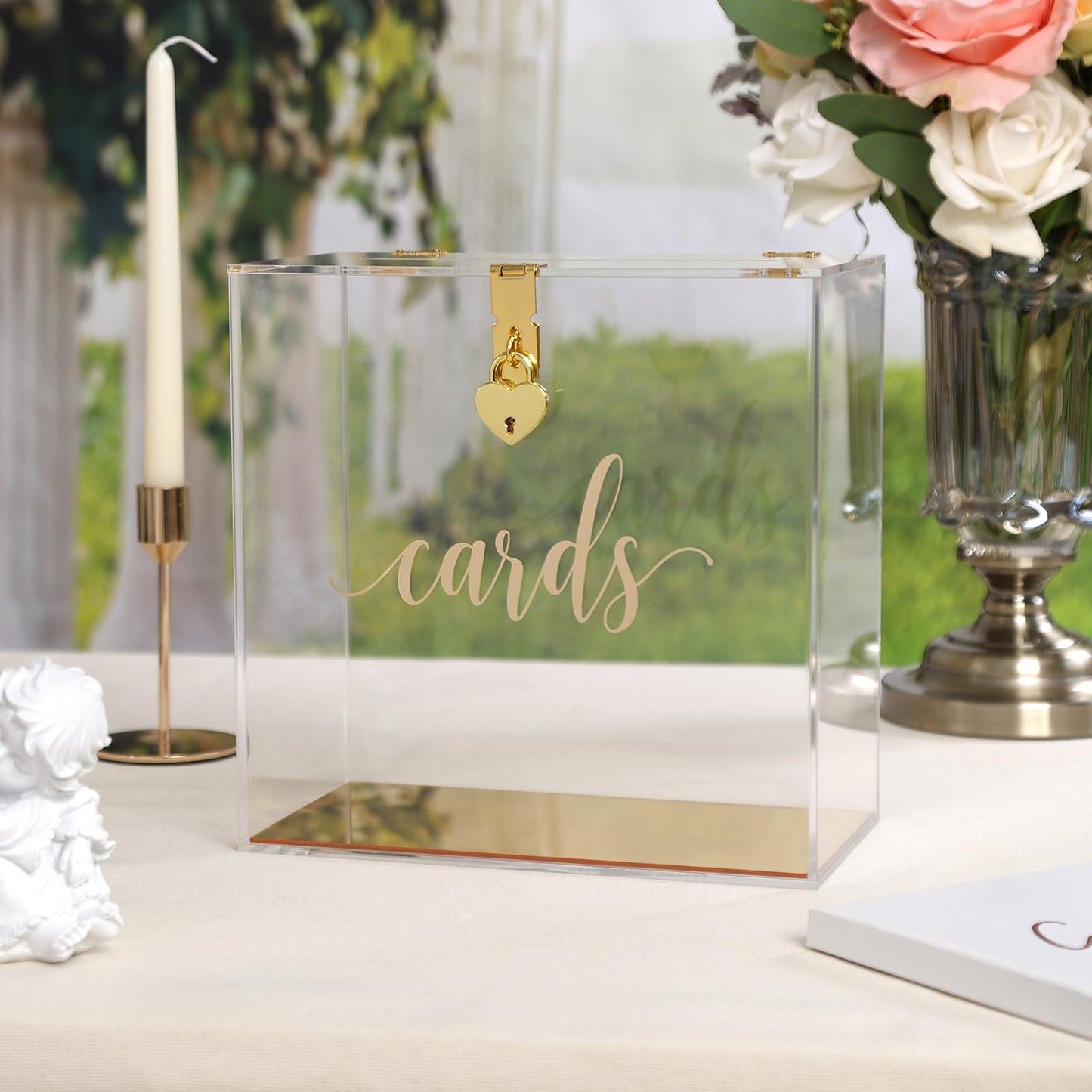 UNIQOOO Clear Acrylic Card Box w/Lock, Thick Wedding Box w/Slot Gold Foil Print, Large 10x10x5.5 in, for Reception Decoration Fundraiser Money Box Election Ballot Graduation Keepsake Party Favor