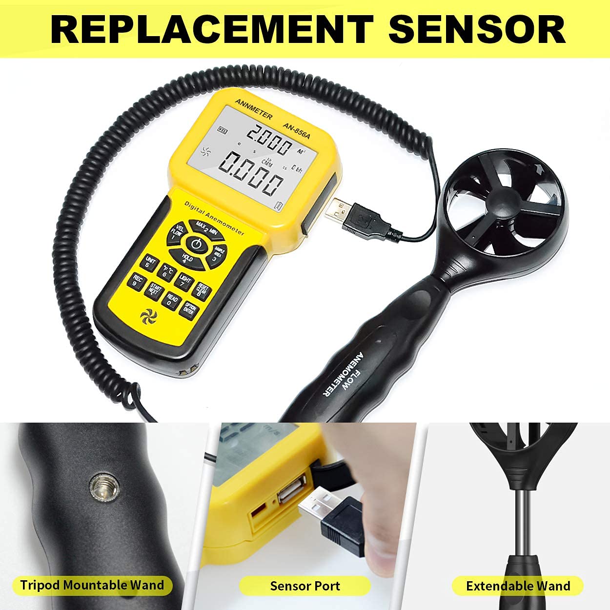 AIOMEST HVAC Air Flow CFM Meter, Anemometer Measure Airflow Wind Speed Velocity Temperature, Professional Air Vent Ductwork Velometer Gauge with Data Logging, AI-856A