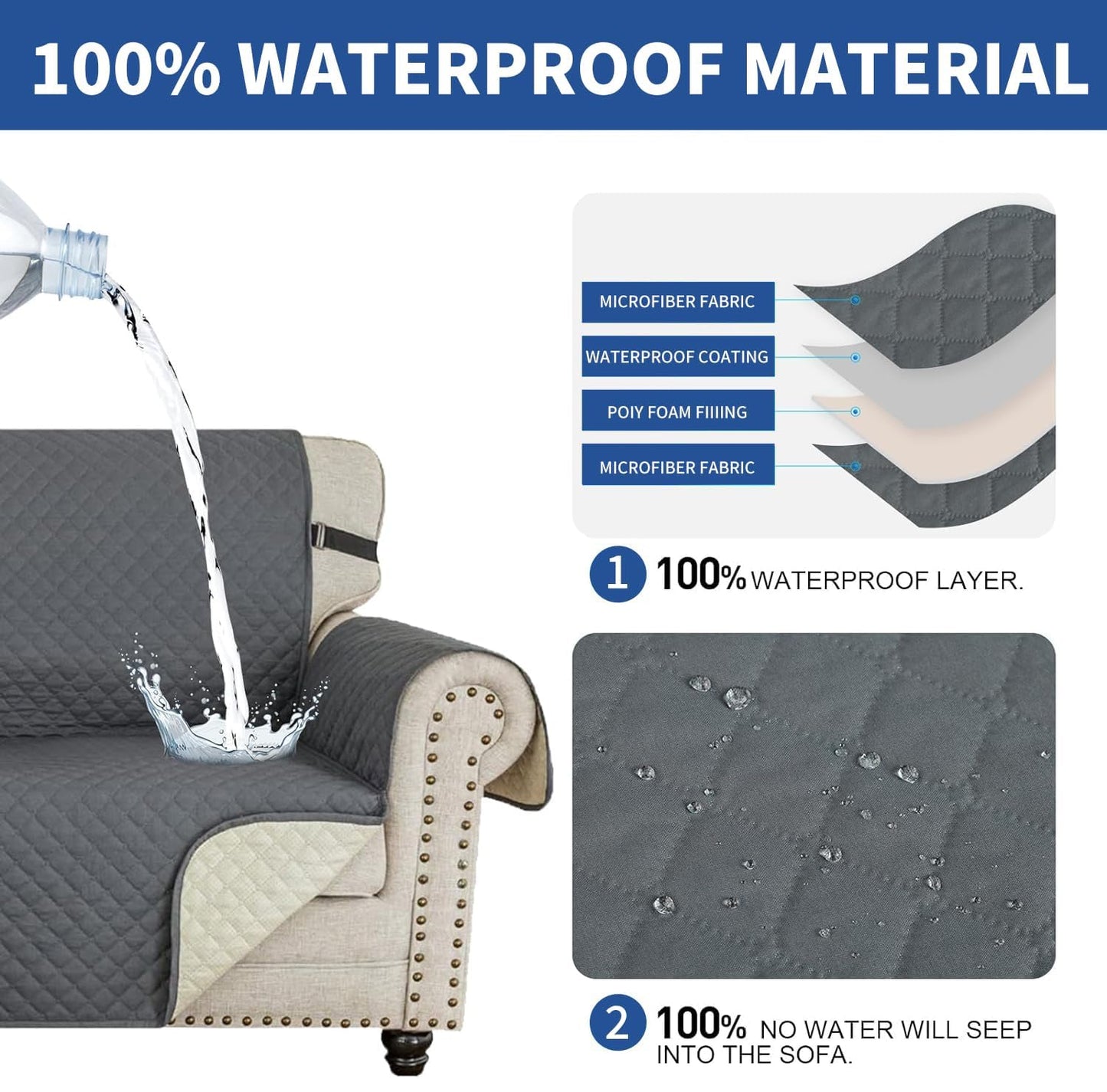 XINEAGE Couch Covers for 3 Cushion with Pockets and Non Slip Straps Water Resistant Sofa Slipcovers for Living Room Soft Thick Furniture Protector for Pets Dogs Kids (Large, Dark Gray)