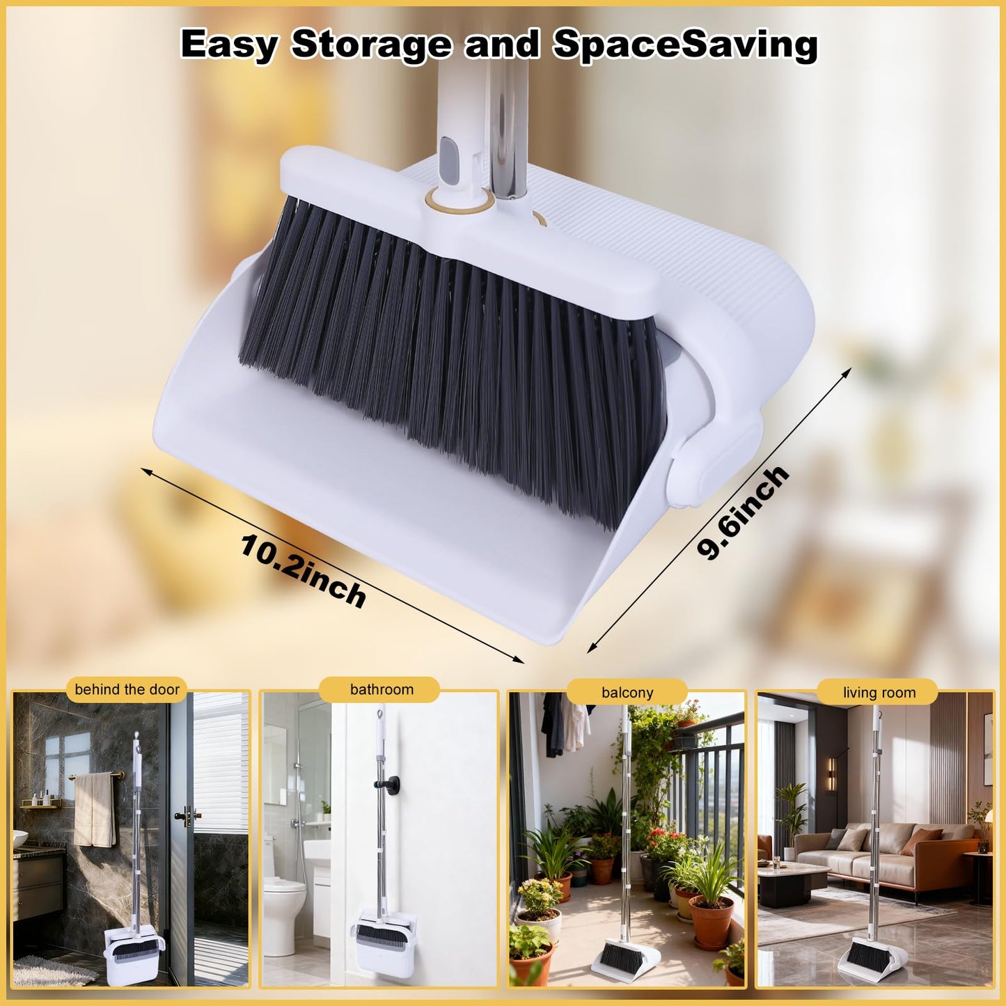 Upgrade Broom with Dustpan Combo Set with Ergonomic Adjustable Handle, Cleaning Teeth, Ideal for Pets, Indoor and Outdoor Sweeping（White）