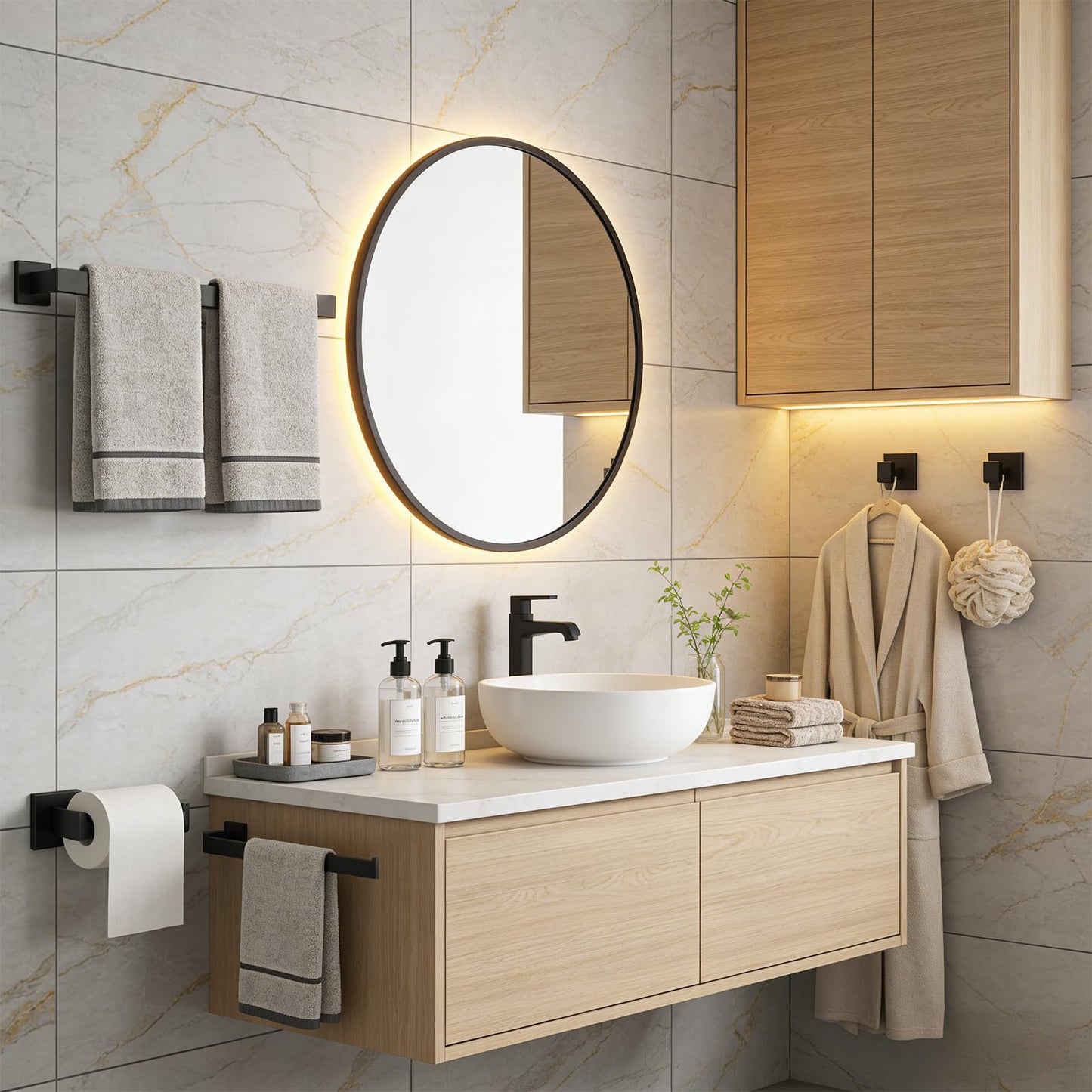 5-Piece Black Bathroom Hardware Accessories Set - 60cm/24inch Towel Bar, Toilet Paper Holder, 27cm Hand Towel Holder, 2 Wall Hooks, SUS304 Stainless Steel Bath Towel Bars Set, Screw-in Towel Racks Set