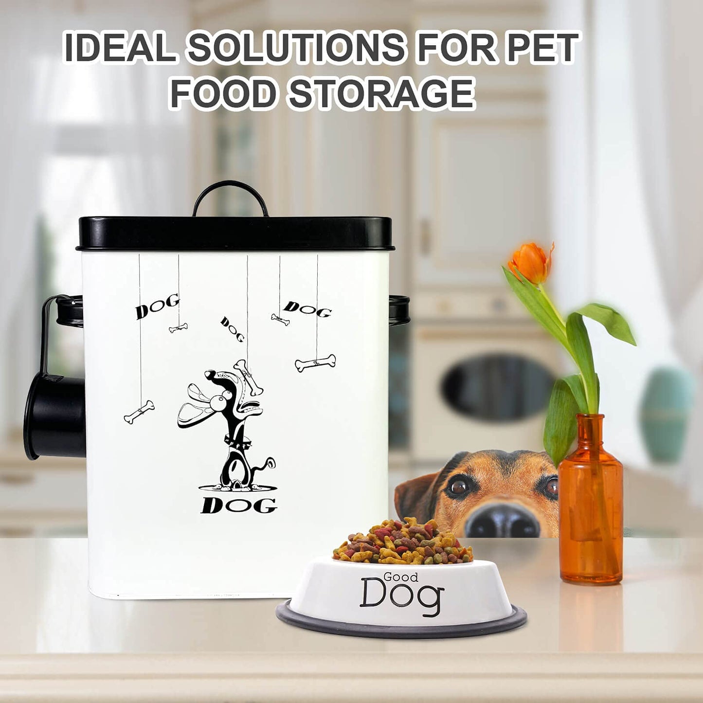 SOTECH Cute Pet Treat Container With Scoop Set, Food Bucket With Lid and Handle, White Storage Bin for Small Dogs Cats, Great Gift for Dog Owners (Treat Jar)