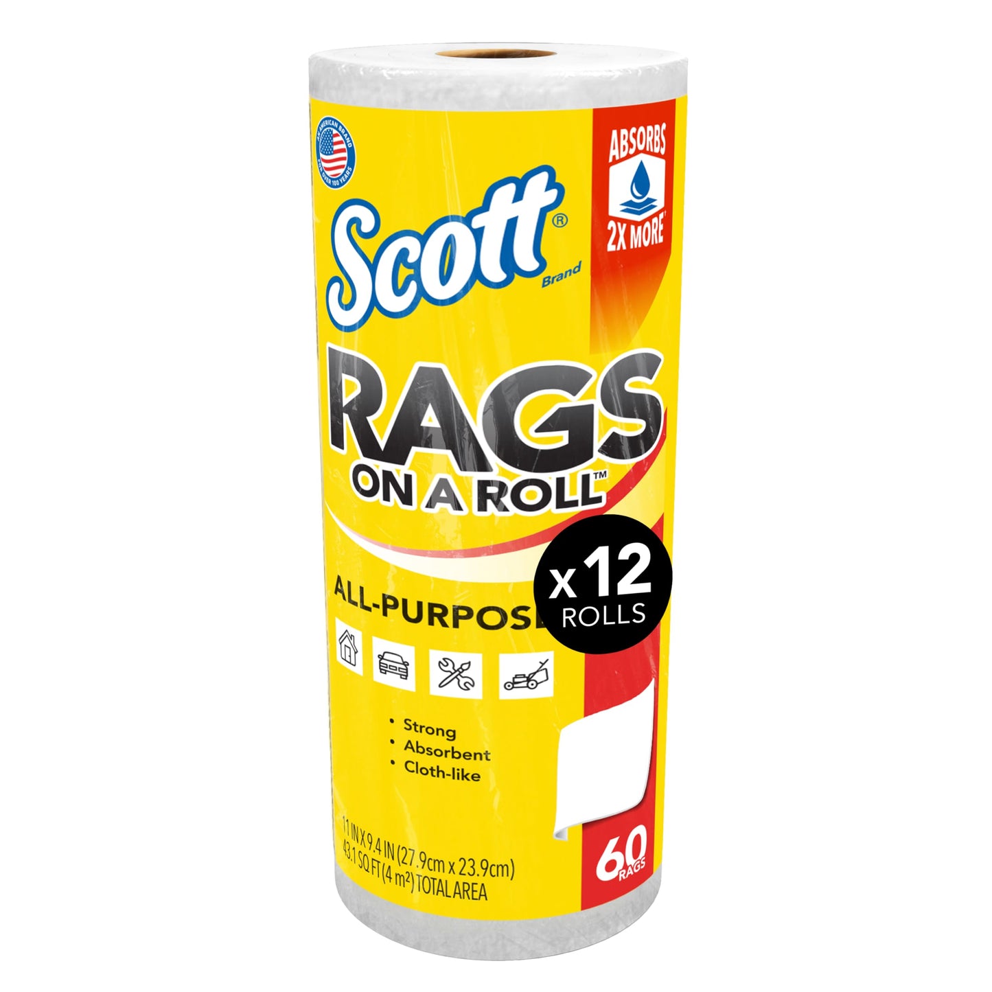 Scott® Rags On A Roll™ (54992), All-Purpose Towels, 9.4"x11" sheets (60 Towels/Roll, 12 Rolls/Case, 720 Towels/Case)