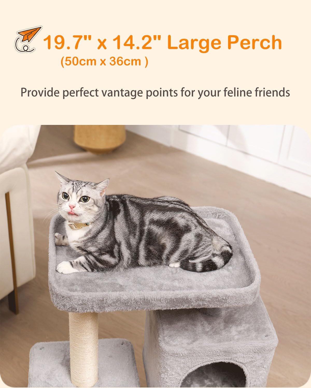 Cat Tree for Indoor Cats, Komicoll 36 Inch Tall Cat Tower with 2 Cat Condos and Large Plush Perch with Sisal Scratching Post,Pom poms Hanging Balls, Cat Climbing for Cats Indoor, Gray