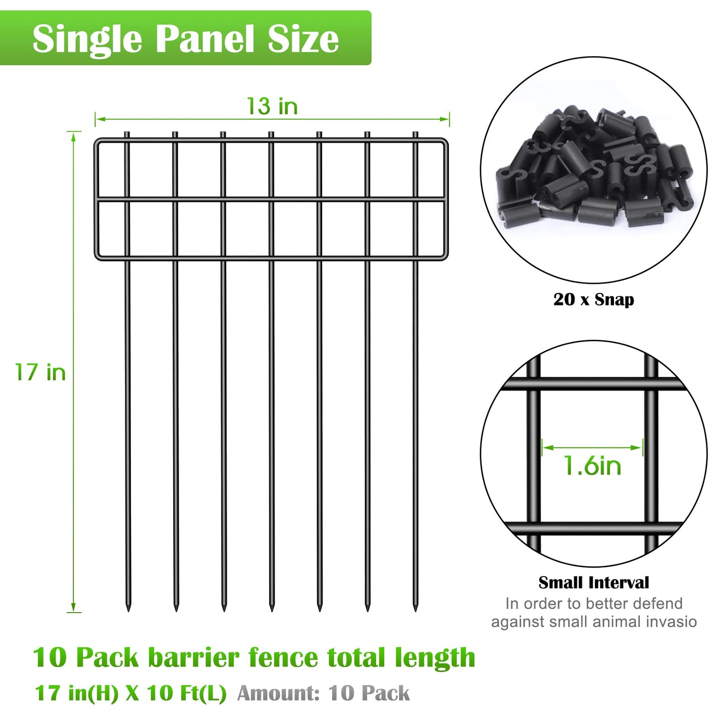 NANANARDOSO 10 Pack Animal Barrier Fence, 17 in(H) X Ft(L) No Dig Garden Decorative Fencing, Rustproof Metal Wire Panel Fence Border for Dog Rabbits Ground Stakes and Outdoor Landscape Yard Black