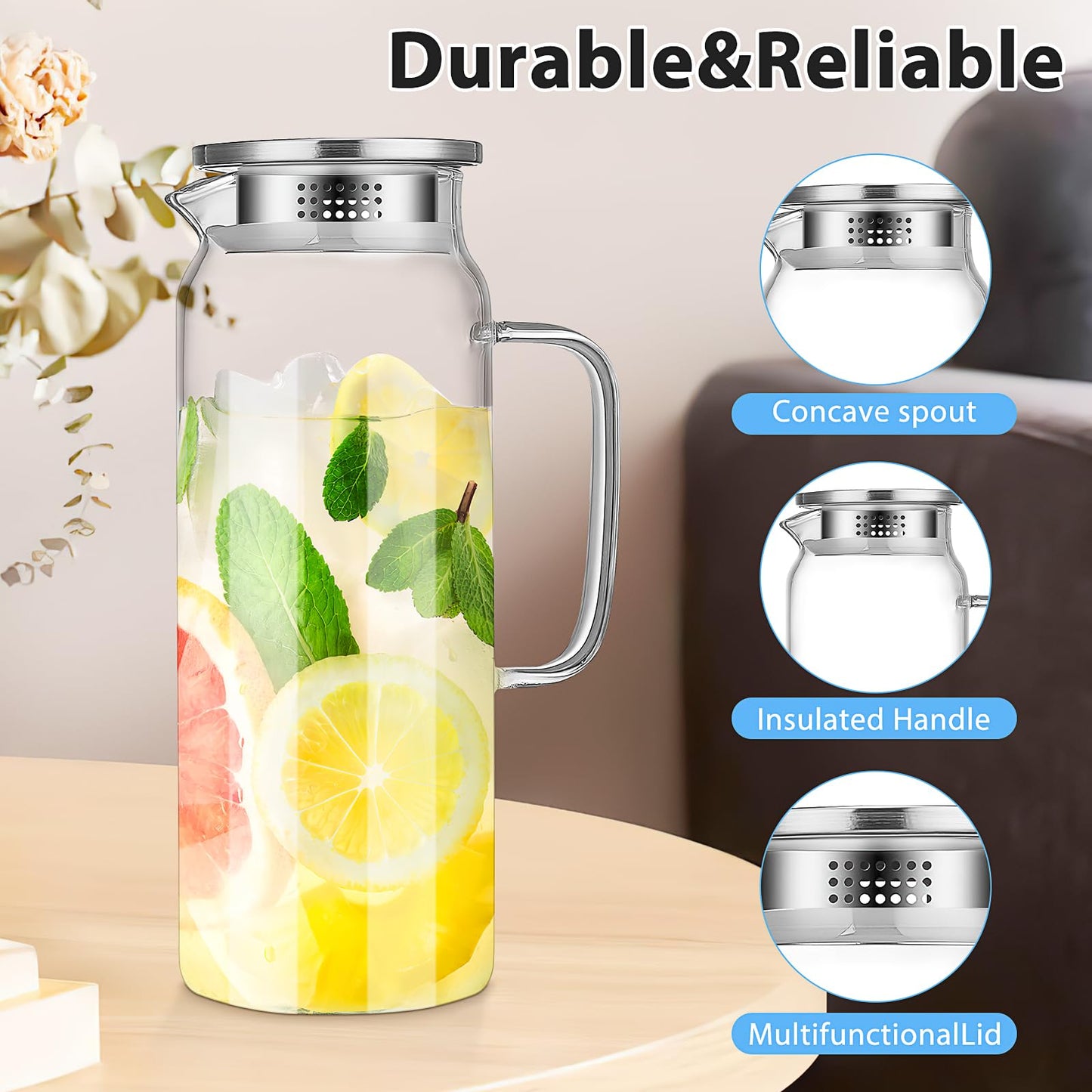 2 Pack Glass Water Pitcher, 2 L Glass Pitcher with Lid and Handle, Clear Iced Tea Pitcher Glass Milk Pitcher Heat Resistant Water Jug Juice Pitcher for Fridge Beverage Carafe